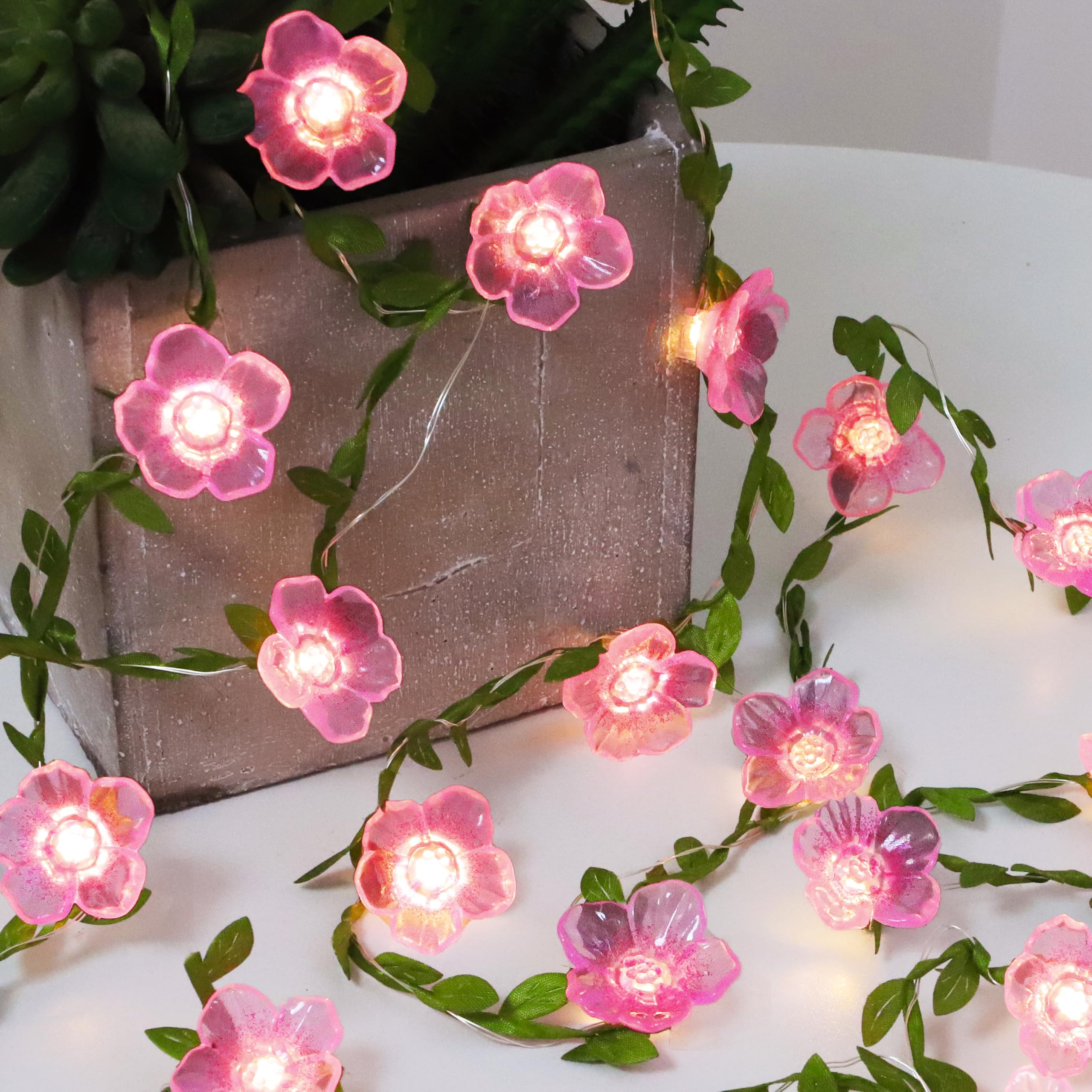 Cherry Blossom Decor Flower String Lights Vines with Fairy Lights Christmas, 30 LED Copper with Remote Control Battery Operated 