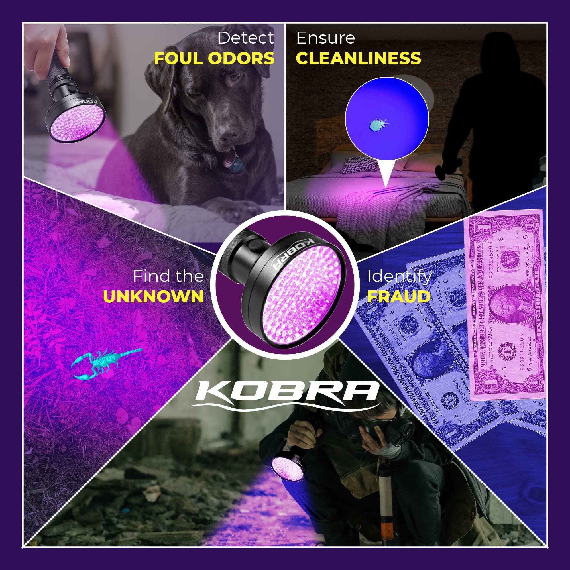 KOBRA Black 100 LED UV Flashlight - 18W Blacklight for Home Inspection, Pet Stains, and Counterfeit Detection