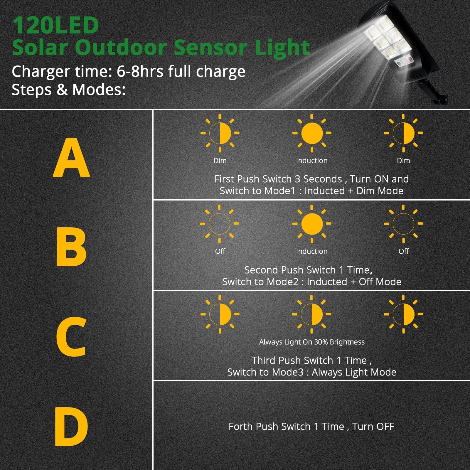 Duewot Solar Lights Outdoor, 6 Pack, 1000 Lumens, Motion Sensor, Waterproof, Black, Model: Solar Lights Outdoor, Size: 120-6P