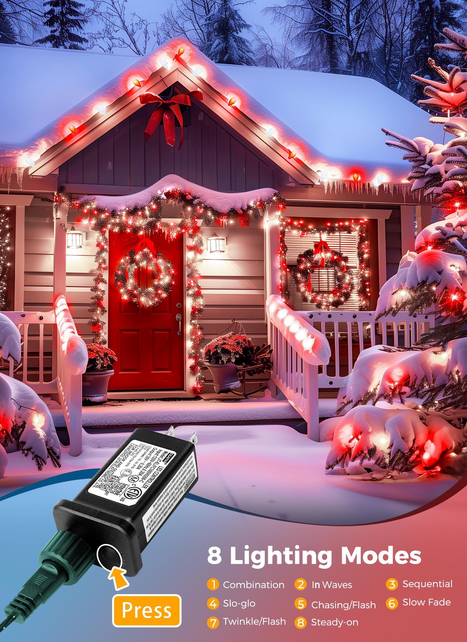 Minetom C9 LED Christmas String Lights - 82ft, 100 LEDs, Red and White, with Timer and 8 Modes for Outdoor Holiday Decoration