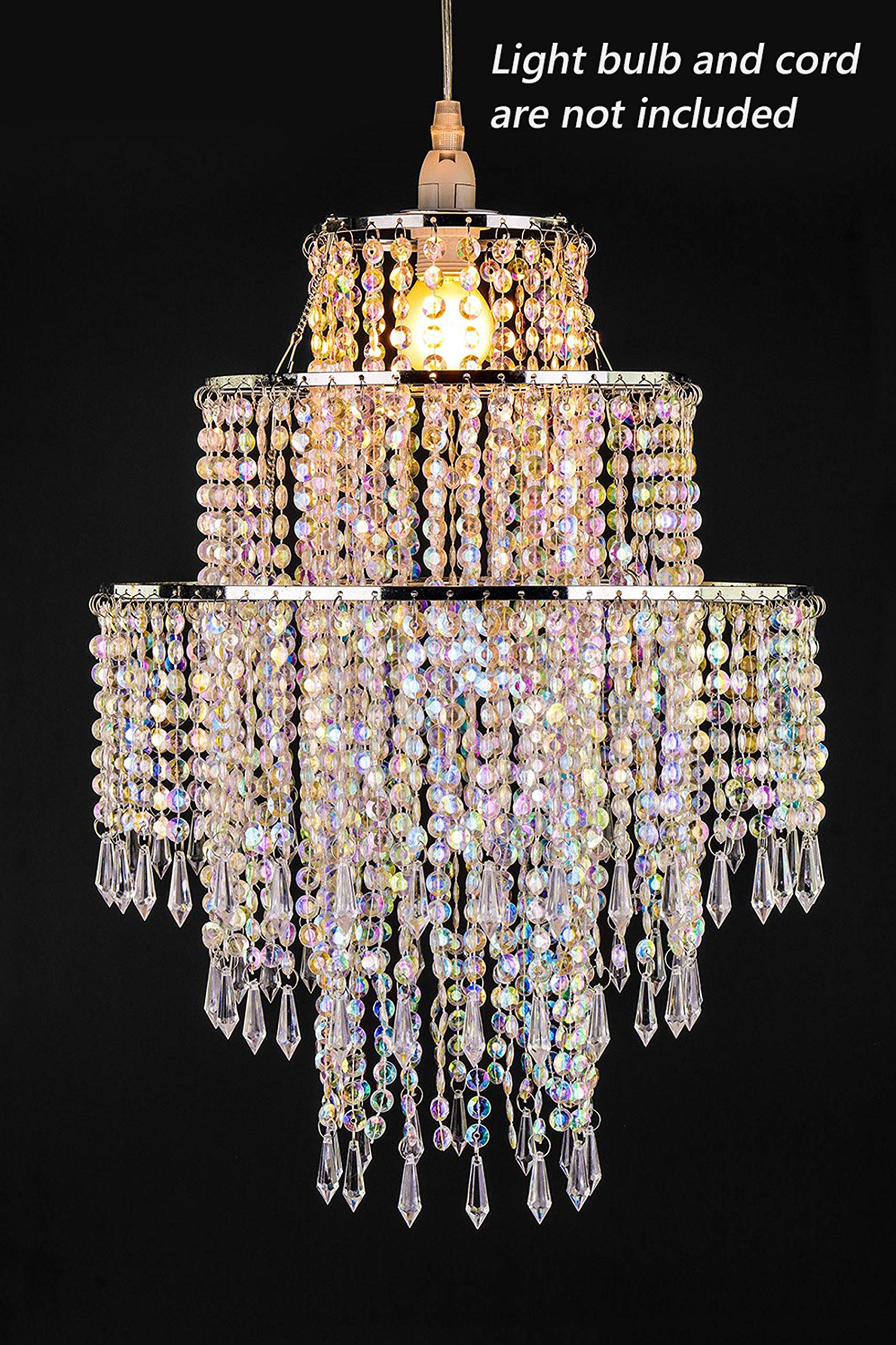 Waneway Large 3 Tiers Beads Pendant Shade, Ceiling Chandelier Lampshade With Acrylic Jewel Droplets, Beaded Lampshade With Chrom