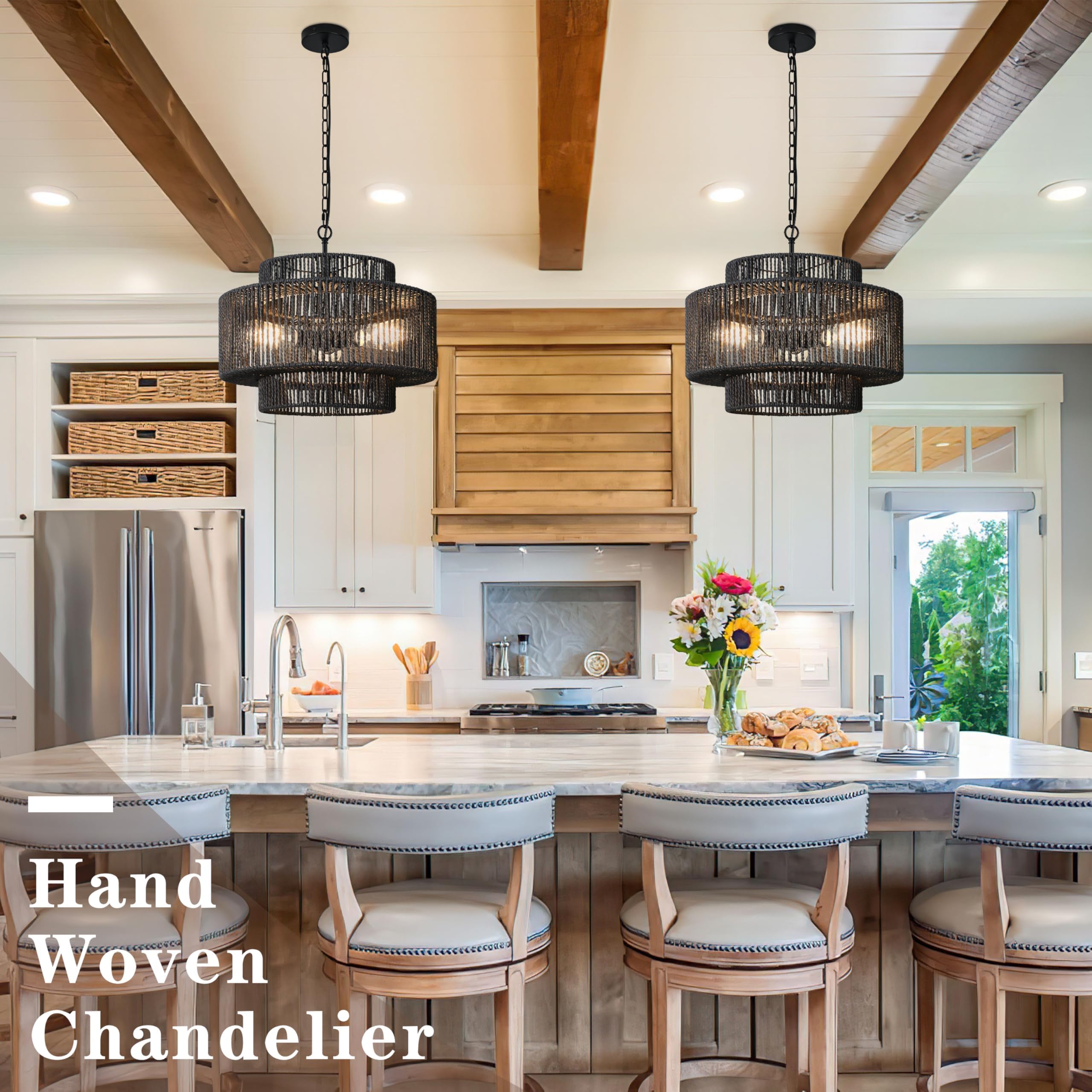 Bagood 18'' Rattan Pendant Light Black Hand-Woven Rattan Chandelier 3-Light Woven Pendant Light 3-Tier Wicker Pendant Light Rust