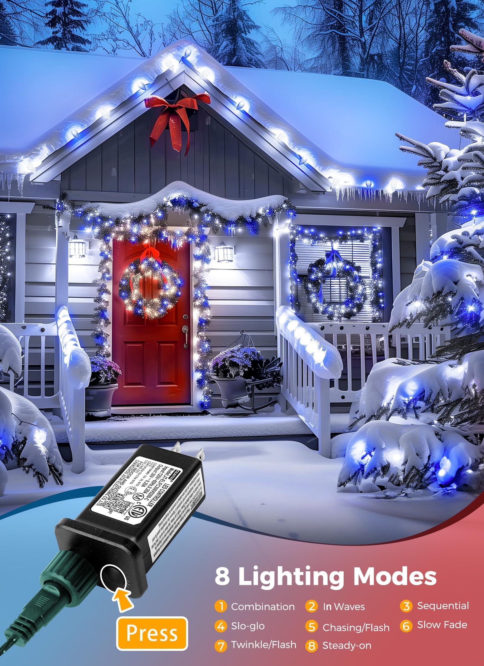 Brightown C9 Christmas Lights, 150 LED, 114 Ft, Waterproof, Timer, 8 Modes, Blue & Pure White, Model GY-C9-X-33-3B