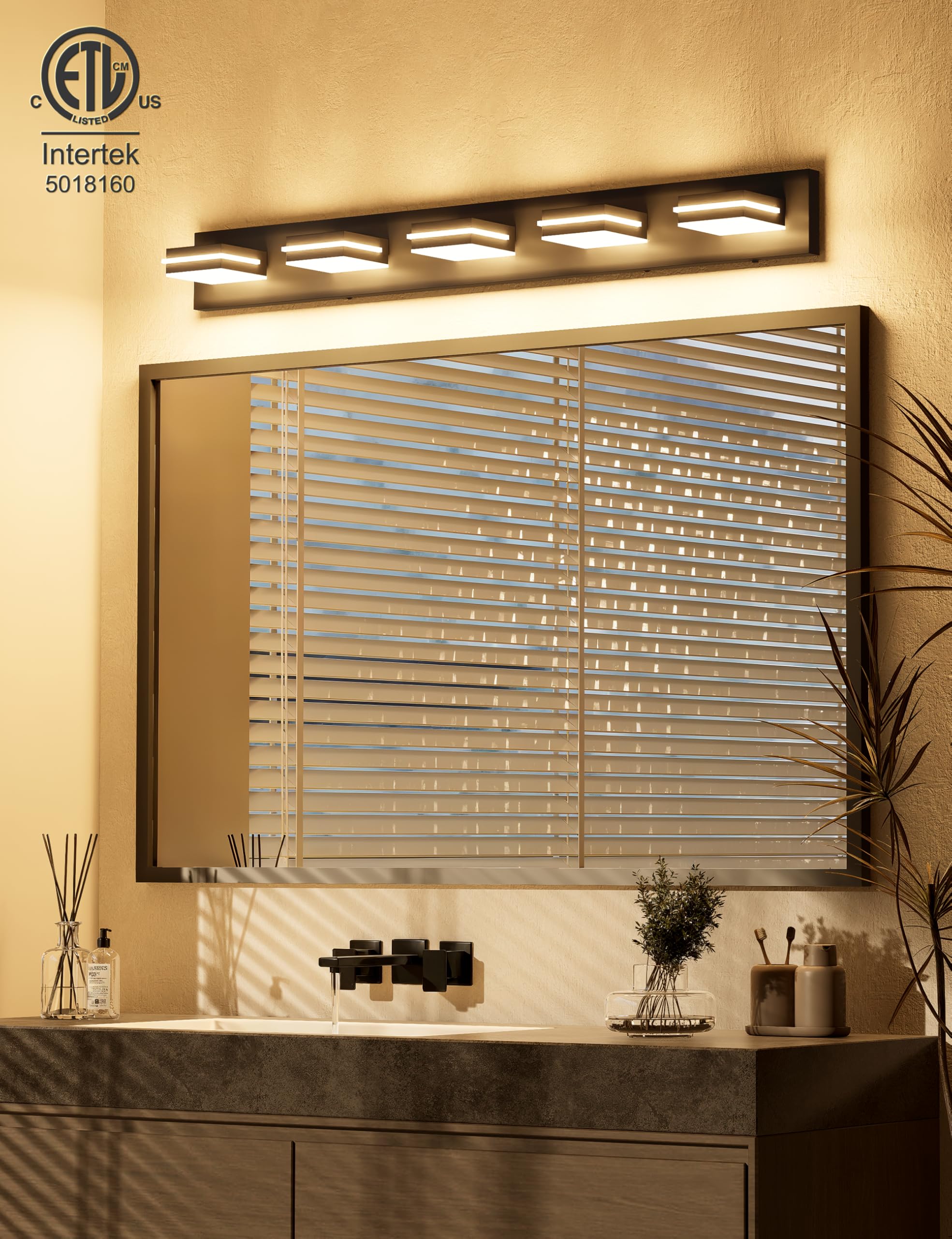 Volisun Modern 5-Light, 40-Inch Black Bathroom Vanity Light Fixtures Over Mirror, 5Cct Dimmable, Energy Efficient, Etl Certifica