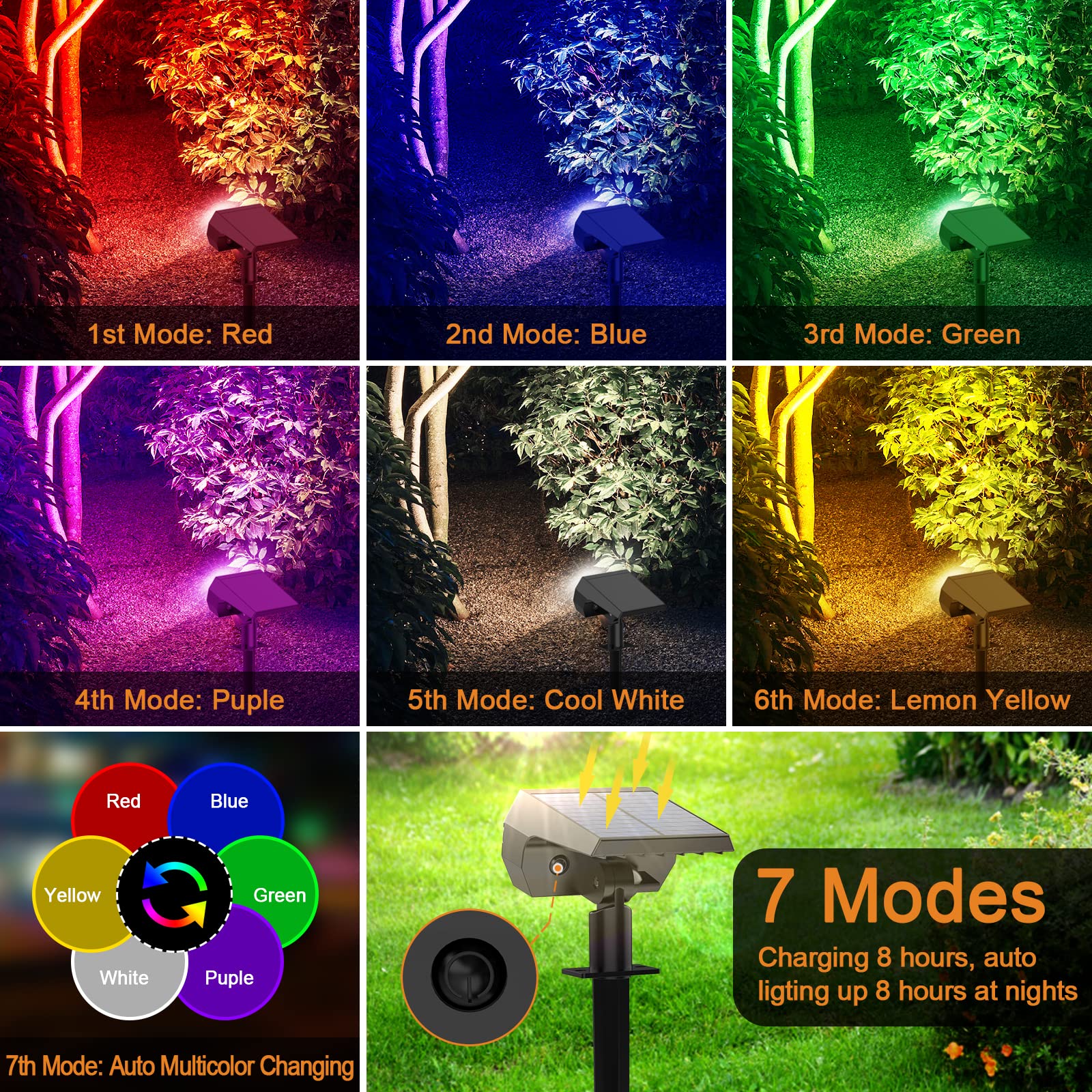 Flaow Solar Spot Lights Outdoor, Color Changing 7 Modes, Ip65 Waterproof 4 Pack For Garden & Patio