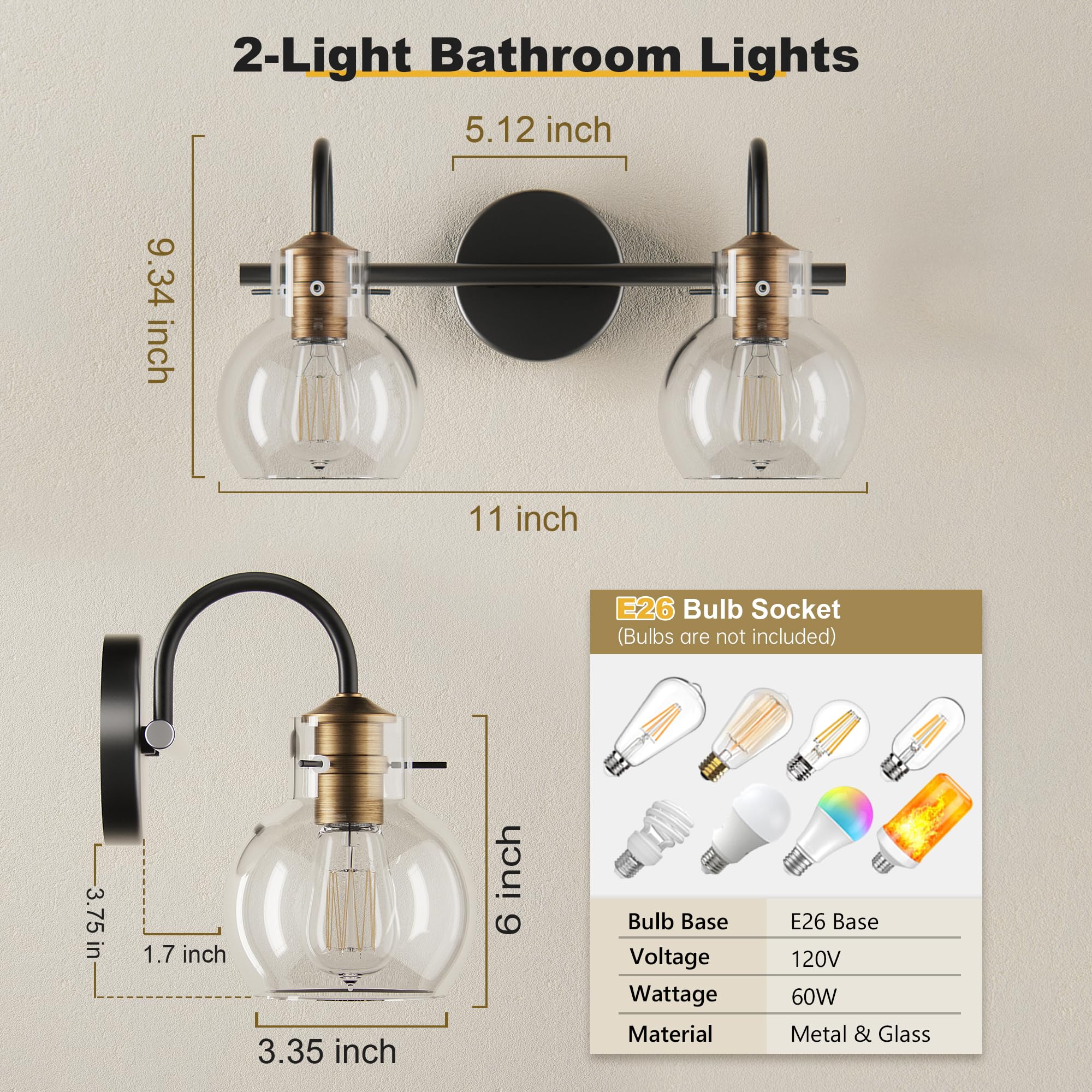 Primeplus 2 Light Bathroom Vanity Light, Black And Red Copper Bathroom Light Fixtures Over Mirror, Modern Copper Vanity Light With Clear Glass Shade, Black Wall Sconce For Bathroom, Bedroom