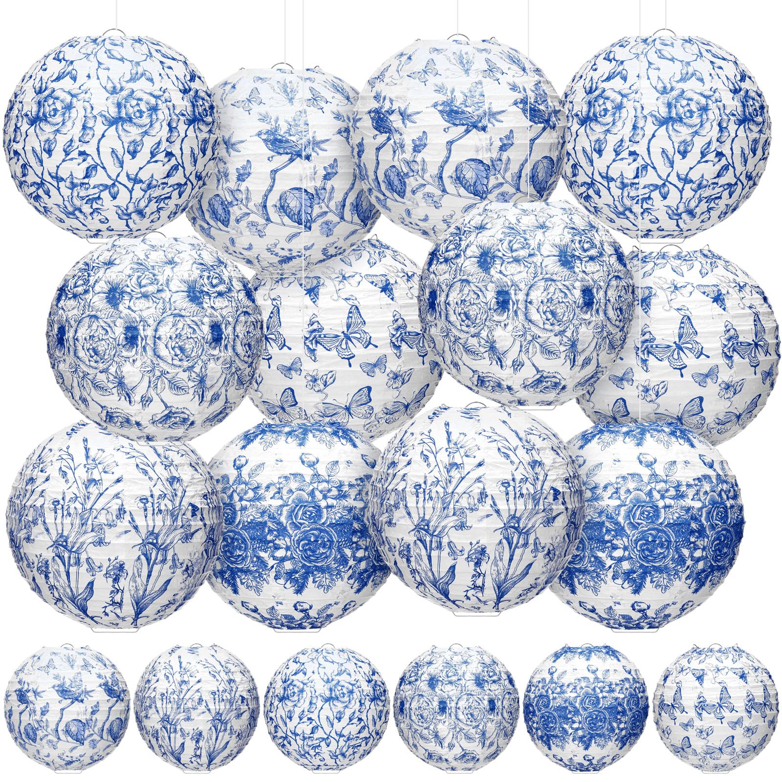 Rossesay 12 Pcs Blue And White Paper Lantern 8 Inch Chinoiserie Lanterns Blue Flower Hanging Lantern Indoor Outdoor Spring Decor