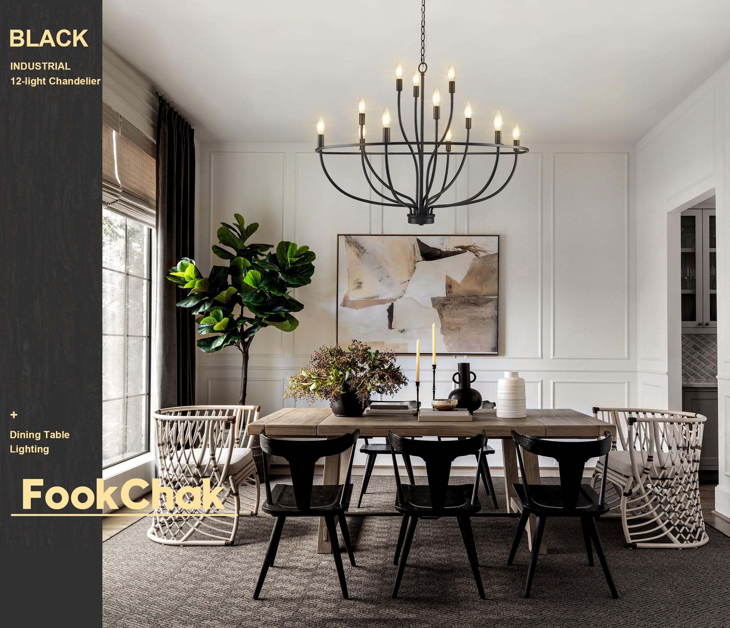 FookChak Black Chandelier 12-Light, 36in Modern Farmhouse Light Fixture for High Ceilings, Entryway, Dining Room, Metal Construction