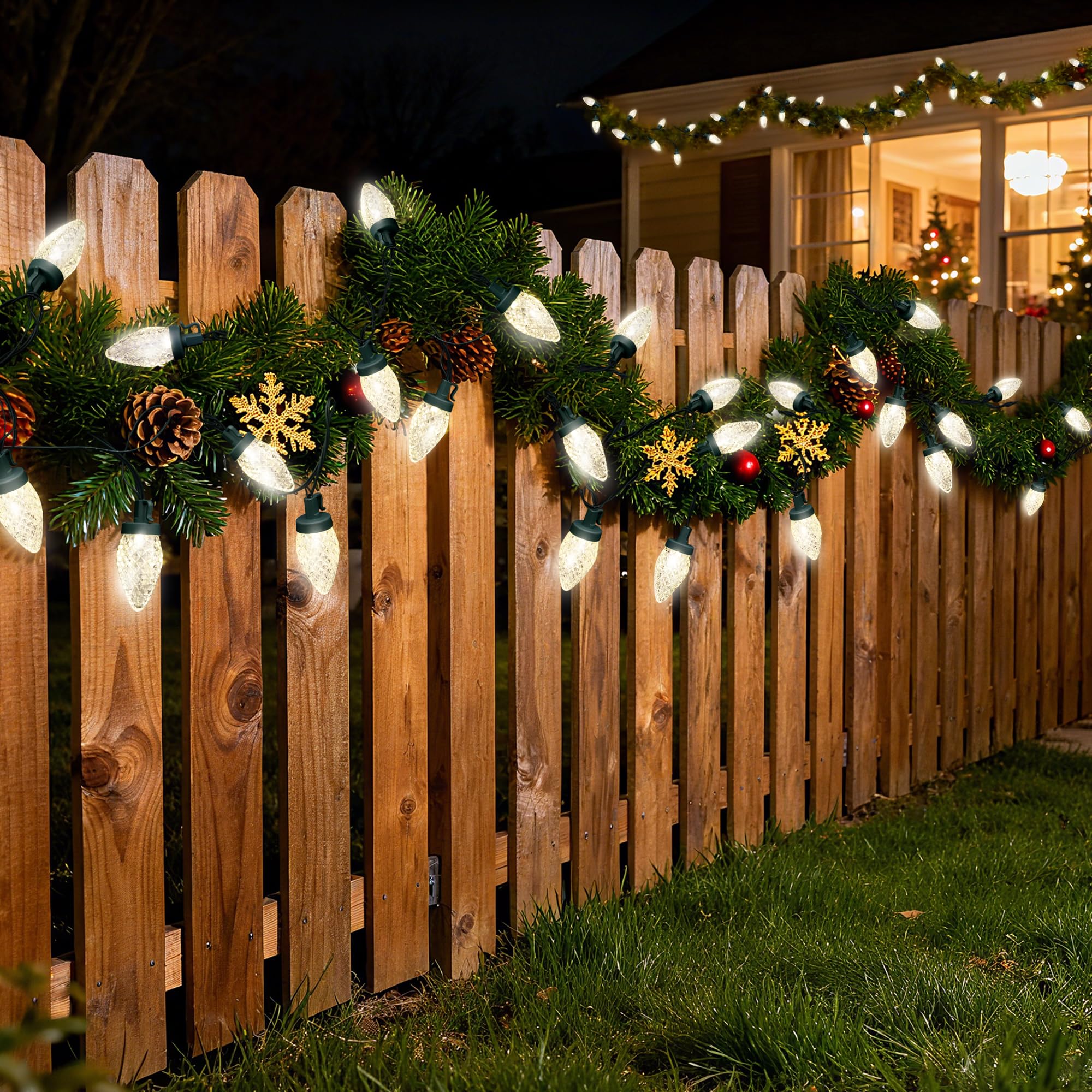 Ucutely C9 Led Christmas Lights Outdoor 33 Feet 50 Led 8 Lighting Modes Waterproof Connectable Christmas String Lights For Outside Roofline Patio Home Xmas Decorations (Warm White)