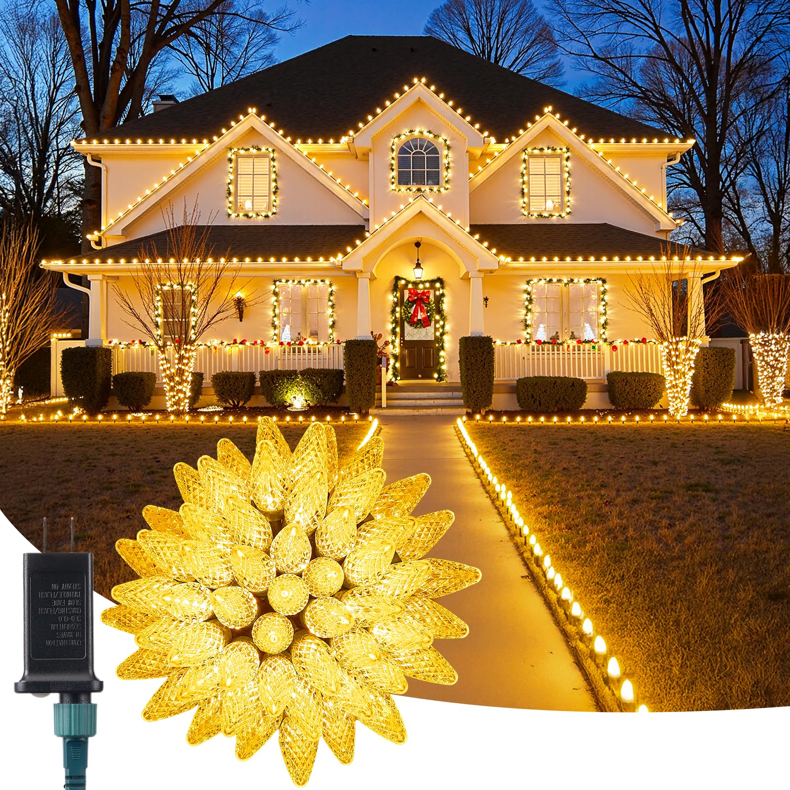 C9 Christmas Lights Outdoor  33 FT 50 LED C9 String Lights  8 Modes & Timer Connectable Waterproof for Christmas Tree light Indoor Outdoor Roofline Patio Outsie Yard Holiday Xmas Decoration Warm White