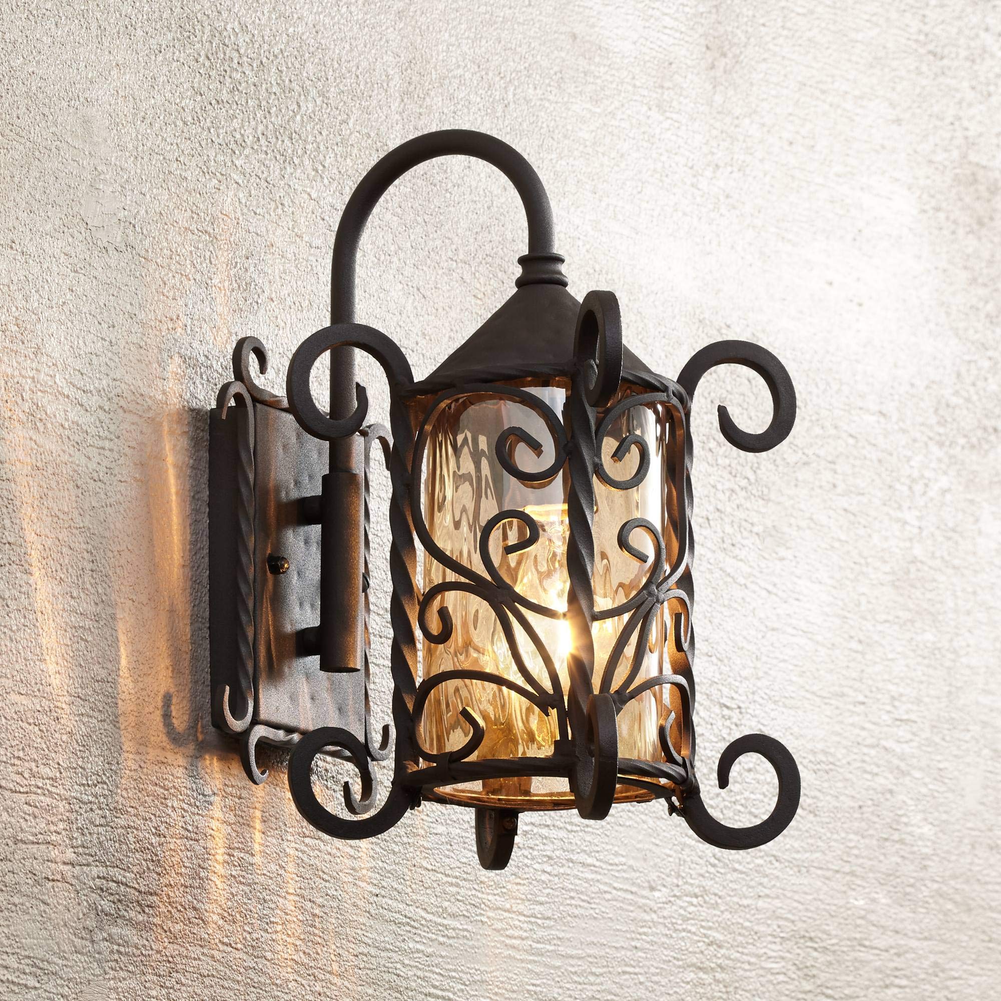 John Timberland Casa Seville Rustic Outdoor Wall Light Fixture Dark Walnut Scroll 13 1/4&quot; Champagne Hammered Glass for Exterior House Porch Patio Outside Deck Garage Yard Front Door Garden Home
