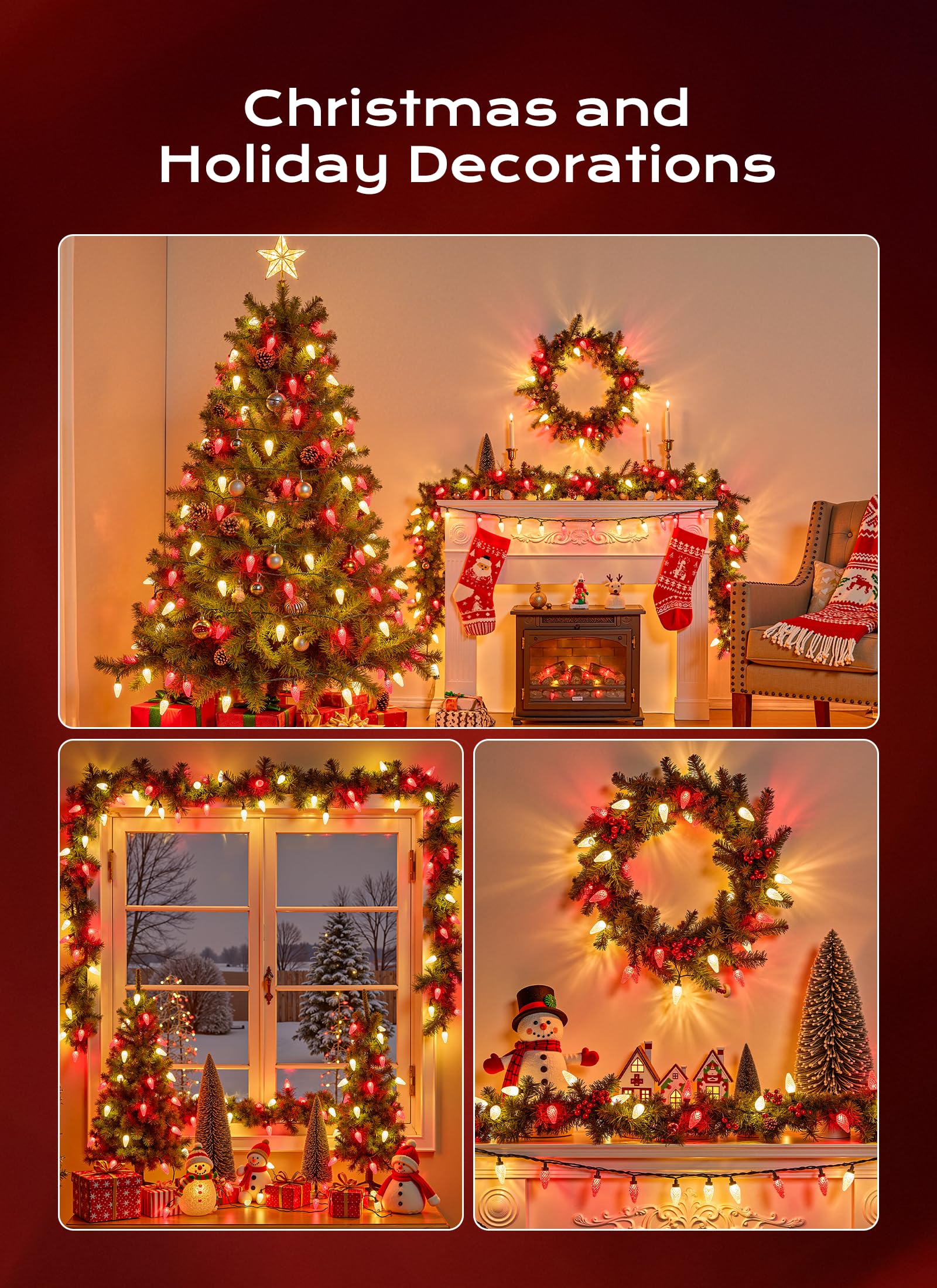 C9 Christmas Lights Outdoor  66 Ft 100 Led Connectable C9 String Lights With 8 Modes And Timer Xmas Tree Patio Roofline Garden Yard Holiday Party Indoor Outdoor Decoration  Red And Warm White