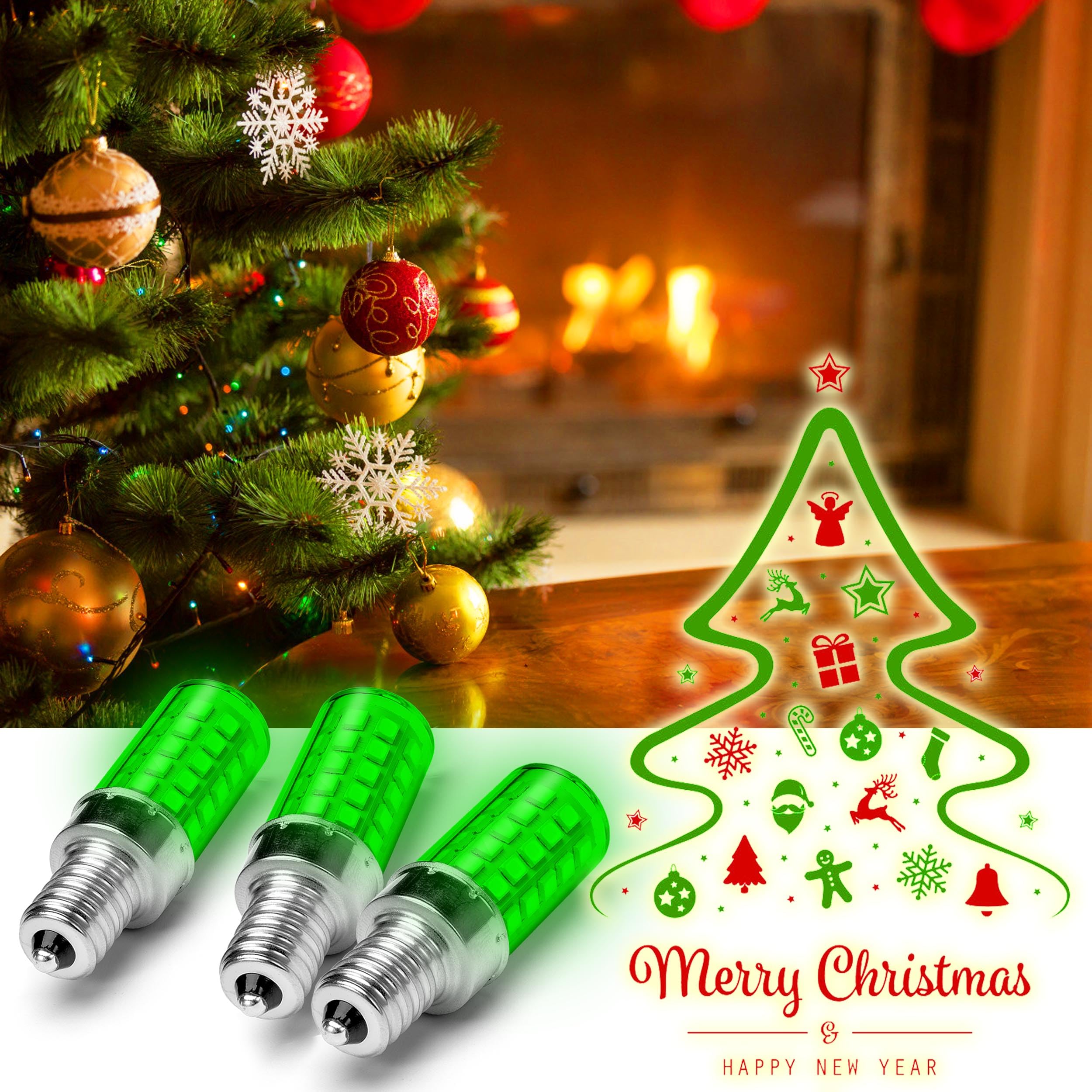 ALIDE E12 LED Candle Bulb, 4W Green Light, 40W Equivalent, Small Base C7 T6, 3-Pack for Christmas & Home Decoration