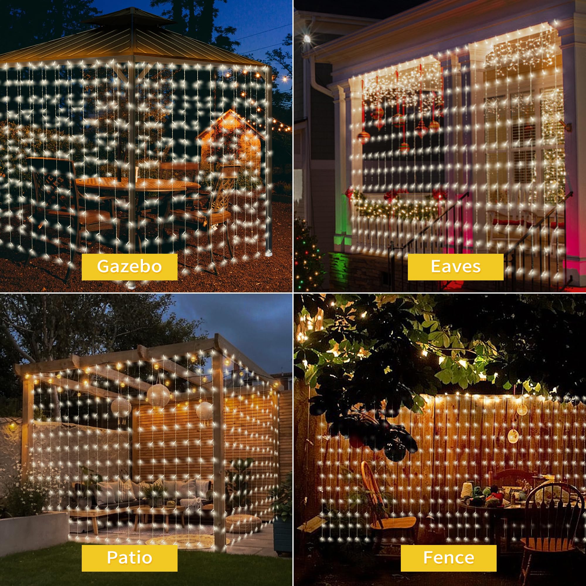 Generic Solar Curtain Lights, 32.8FT x 6.56FT, White, 8 Modes, Copper Material, Outdoor Decoration for Patio, Gazebo, Tree