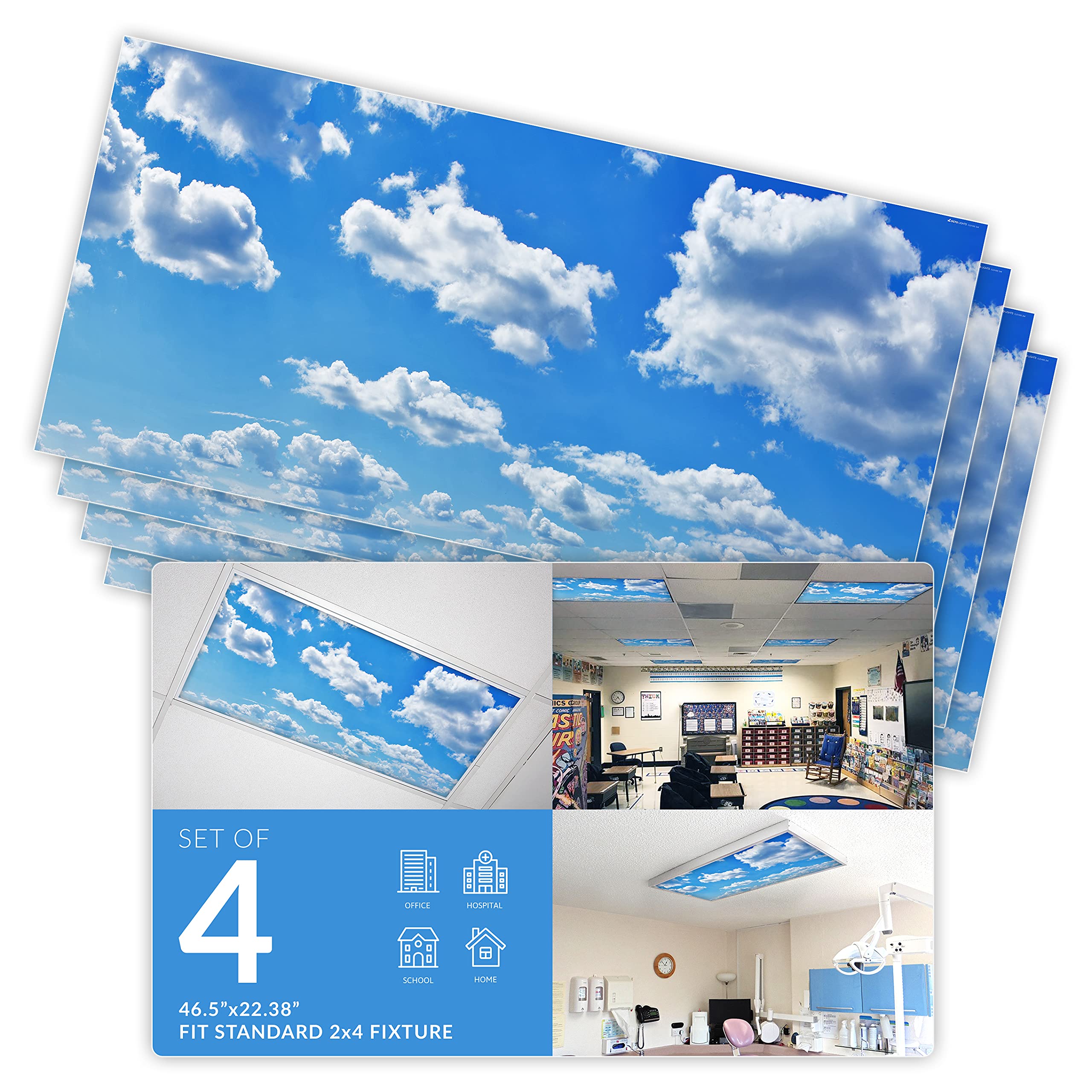 OCTO LIGHTS Fluorescent Light Covers - Backlit Film, 4pk, Cumulus Mediocris, Model CLD-001-2x4-4PK, Reduces