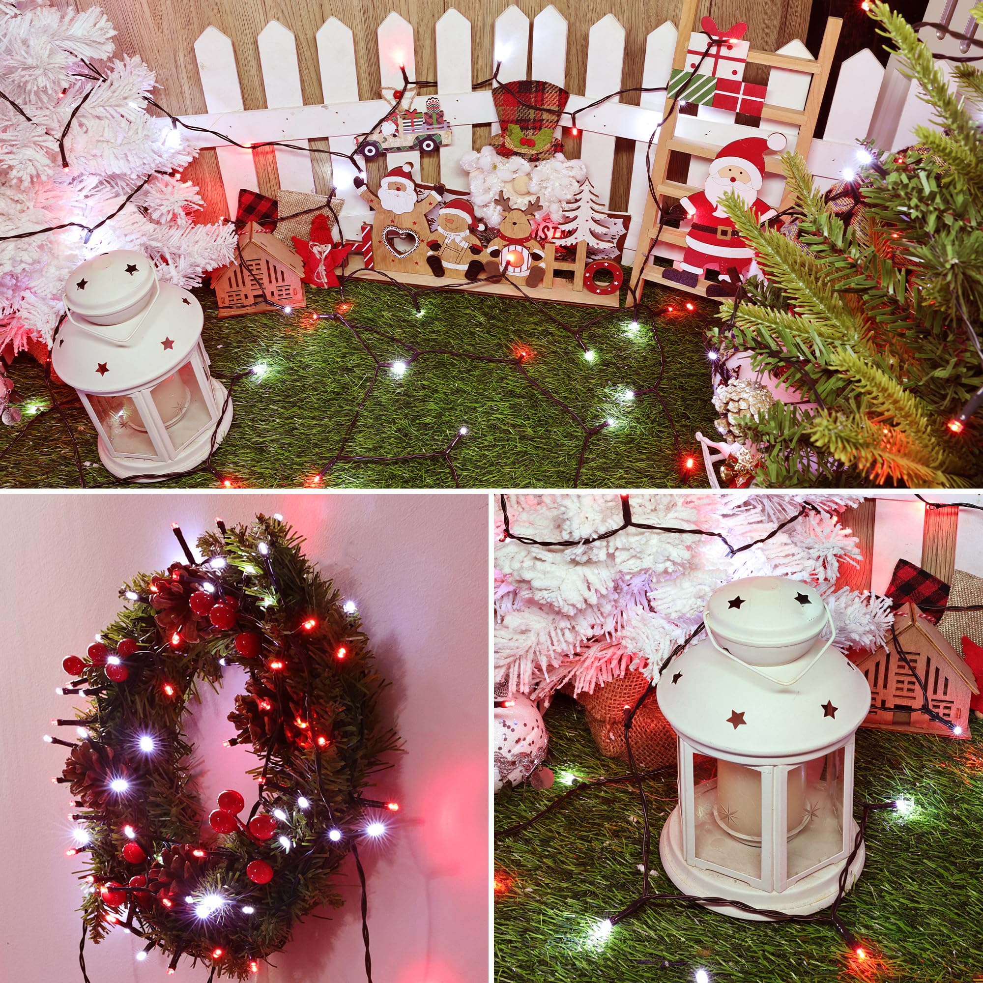 Lomotech Battery Operated Christmas Lights - 4 Pack Total 66Ft 200Leds String Lights 8 Modes Waterproof With Timer For Home  Garden  Party  Holiday  Tree Decoration (Green Wire  Red & White)