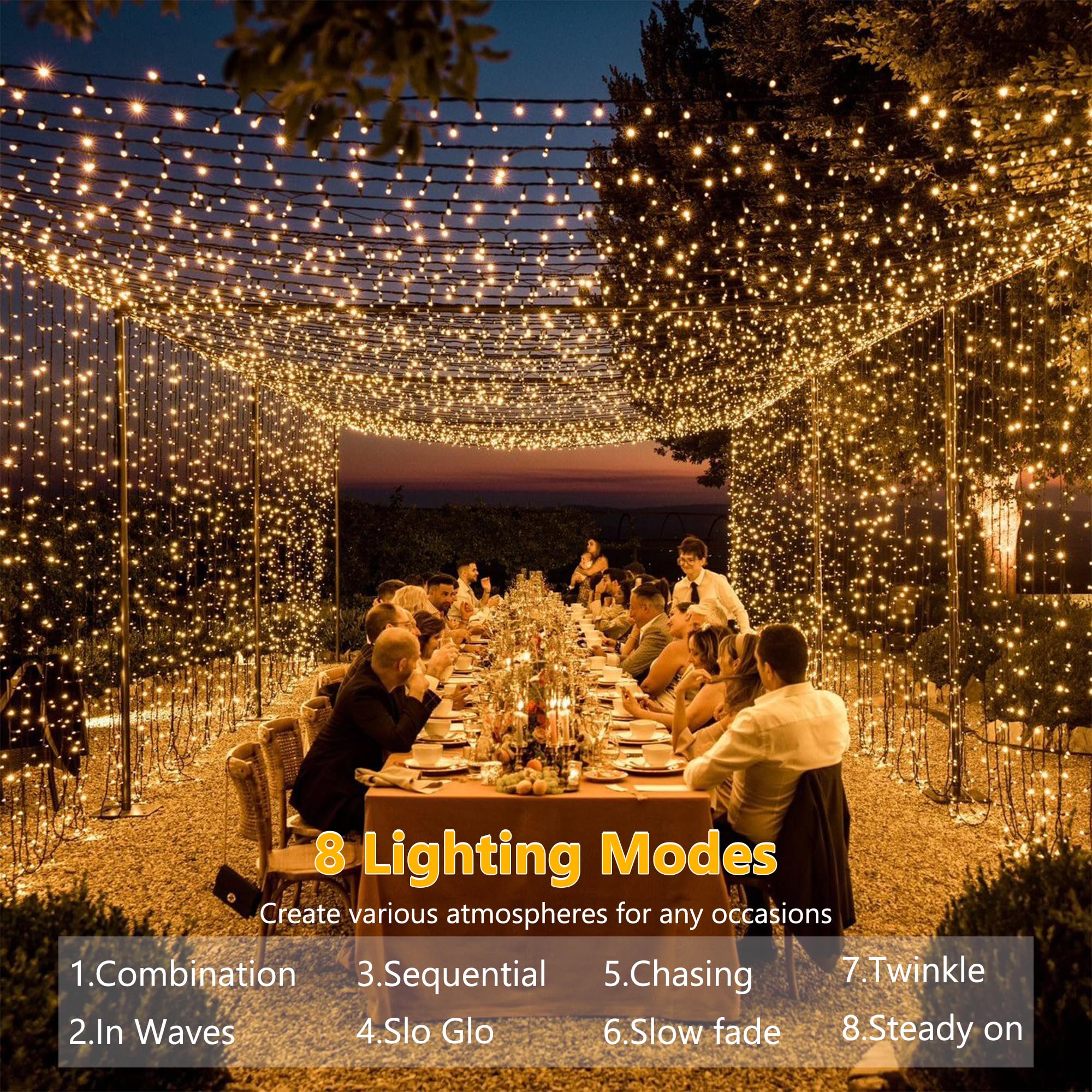 Brizled LED String Lights, 66ft 200 LED Warm White, 8 Modes, Green Wire for Indoor Outdoor Use