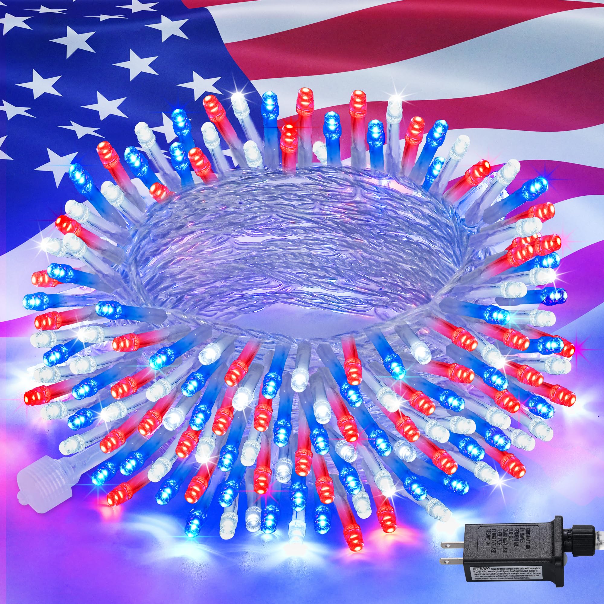 Jmexsuss Red White & Blue Lights Clear Wire, 66 Ft 200 Led 4Th Of July Decorations String Lights Plug In, Christmas Lights For I