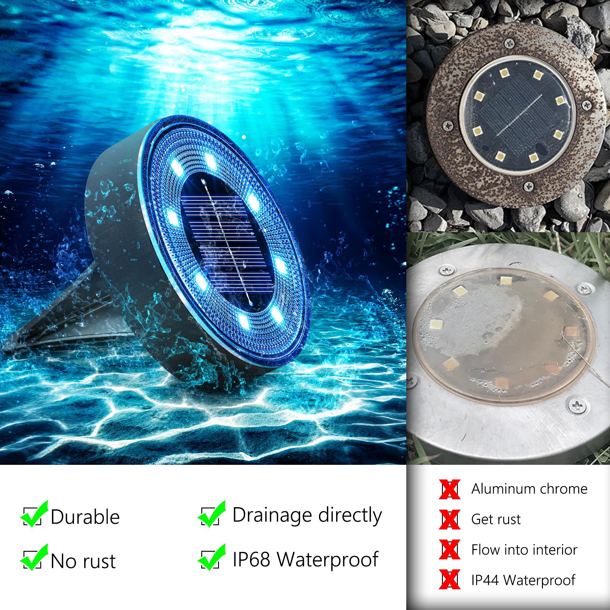Joomer Solar Ground Lights - 8 LED Waterproof Disc Light, 4 Pack, Blue for Outdoor Garden, Patio, Pathway, Yard, Driveway