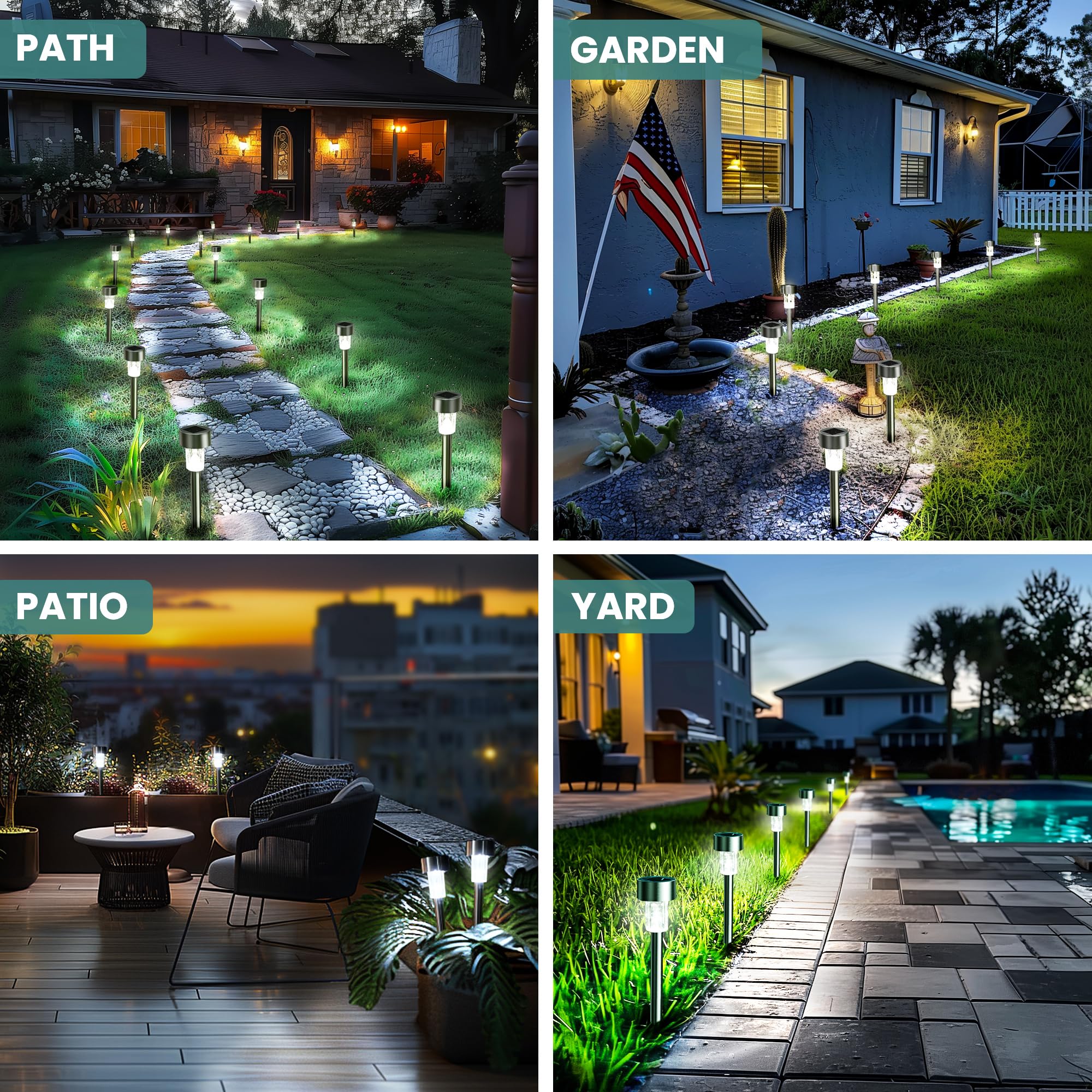 GIGALUMI Solar Path Lights 24 Pack, Waterproof Stainless Steel LED, Cold White