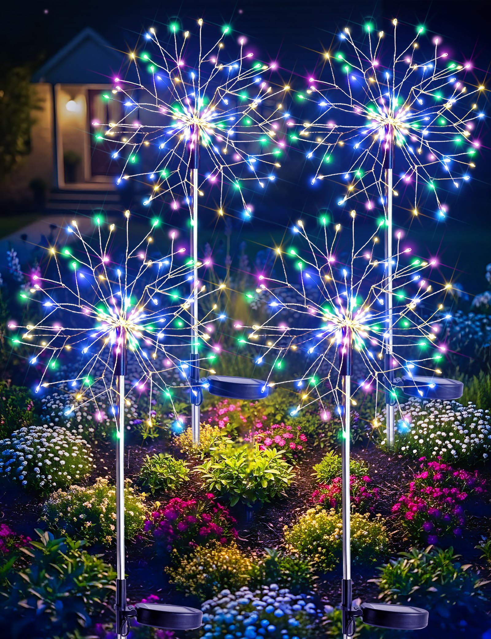 suddus Solar Garden Lights Outdoor Waterproof Decorative, 4Pack 150LED Multicolor Firework Lights 8 Modes, Solar Fairy Lights fo