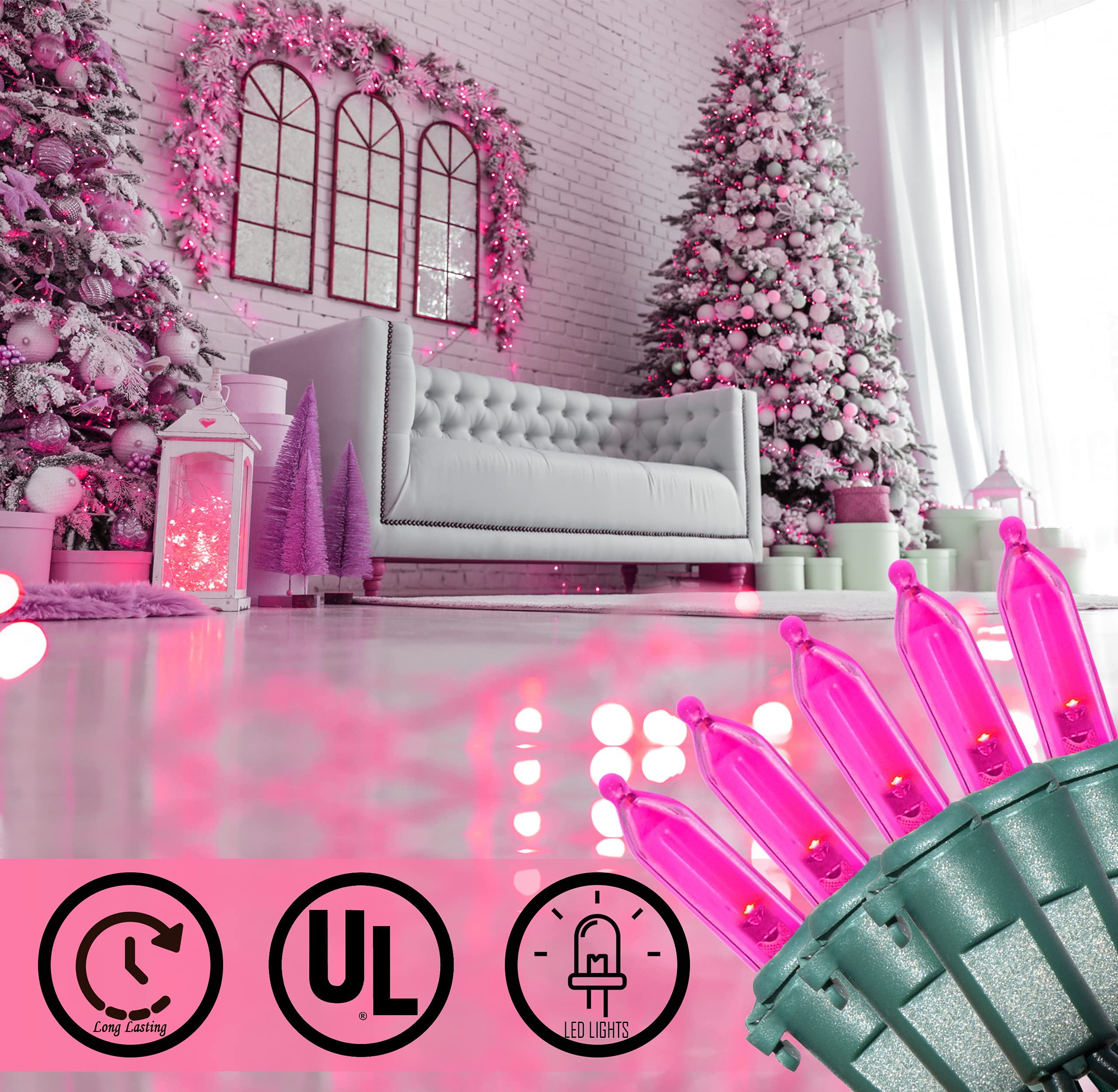 Holiday Essence - Pink Led Christmas String 100 Mini Fairy Lights Set, Green Wire 26.9 Ft Traditional Valentines Easter Holiday