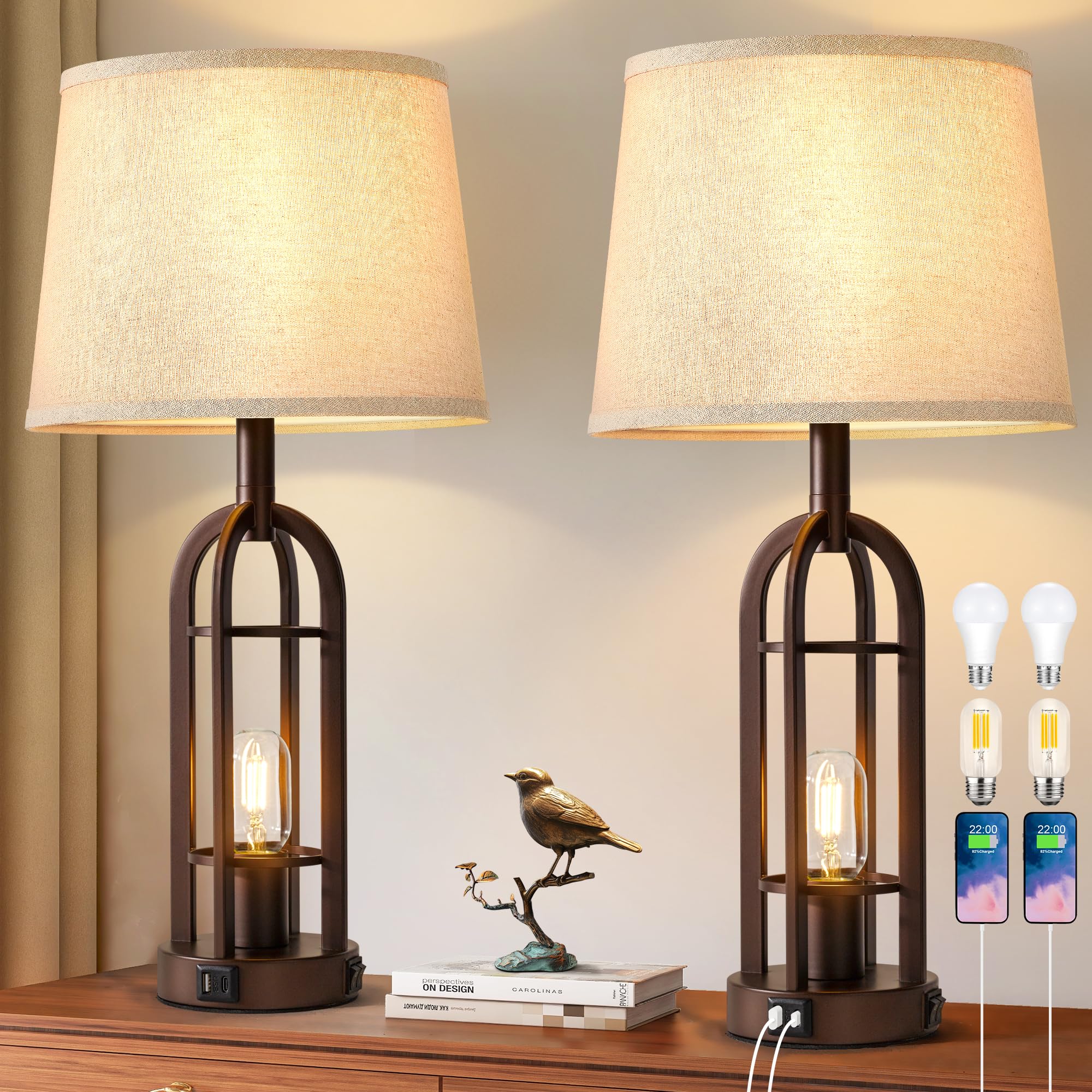 SRJJA Table Lamps for Living Room End Table Set of 2 - Farmhouse Industrial Bedside Lamps for Bedroom Nightstand with Nightlight