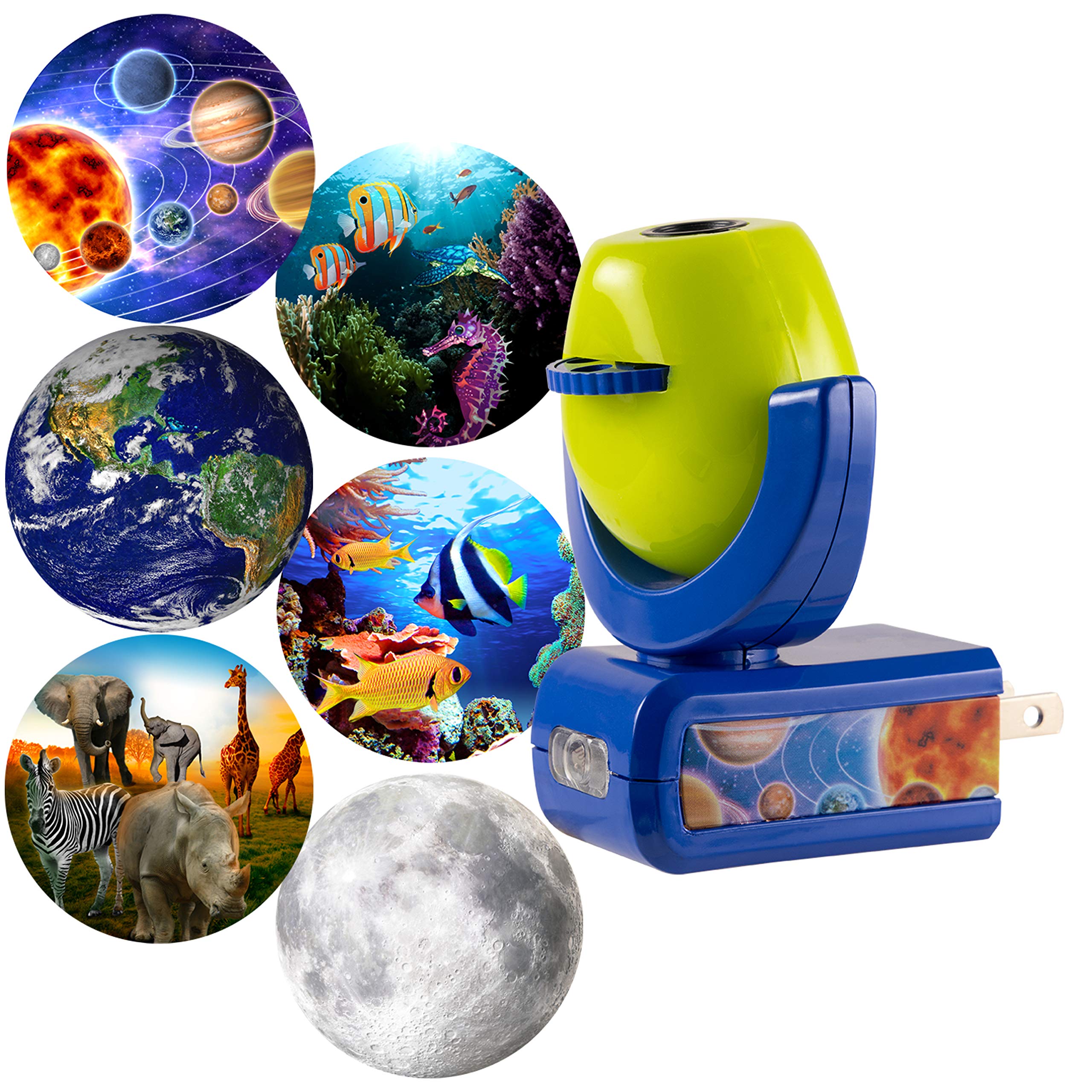 Projectables Six Image LED Night Light, Auto On/Off, Projects Solar System & Wildlife, Model 13347, Green/Blue