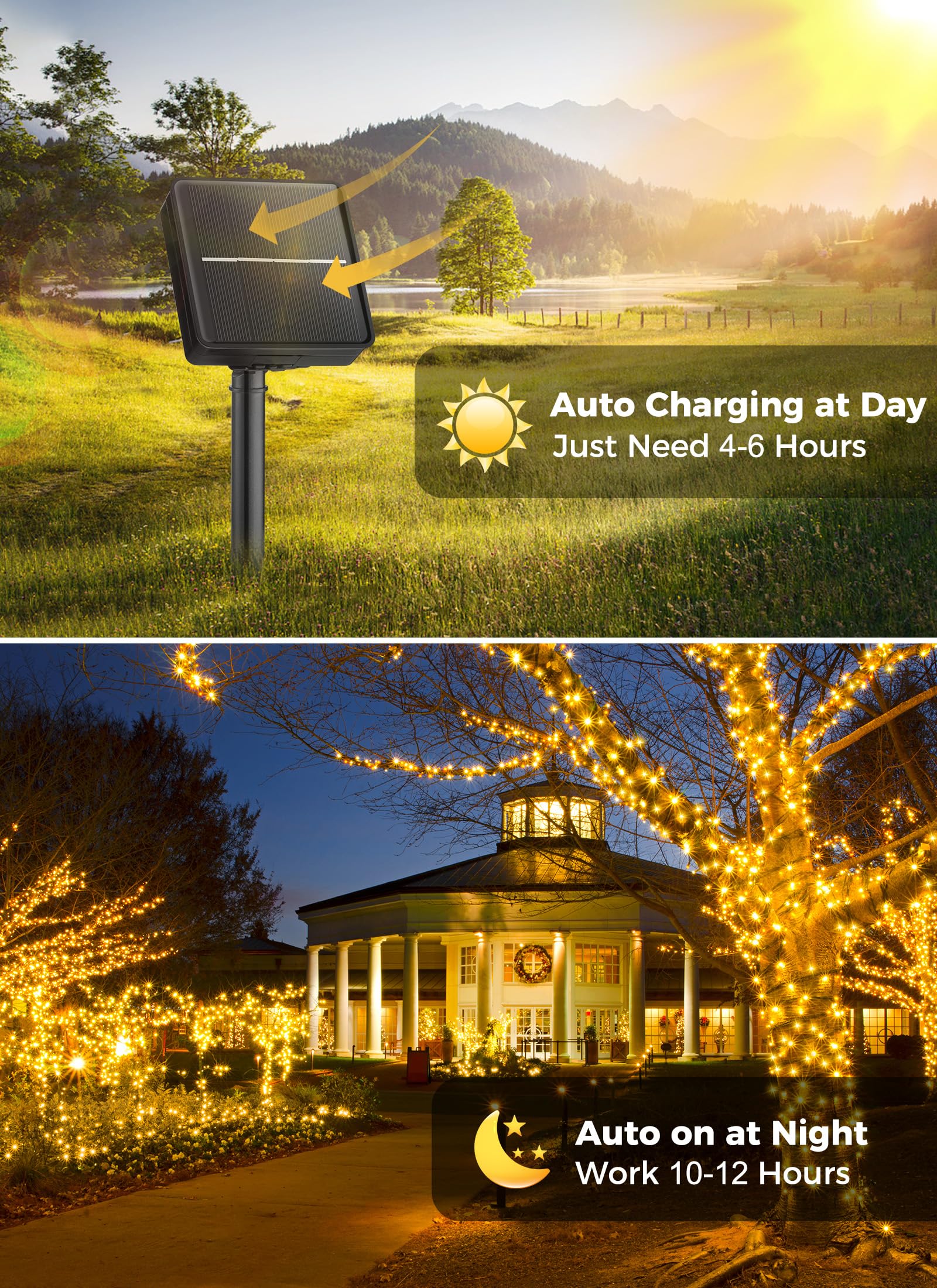 Minetom 40 FT Solar String Lights - 100 LED Warm White Outdoor Lights, IP65 Waterproof, 8 Lighting Modes for Tree Party Decor