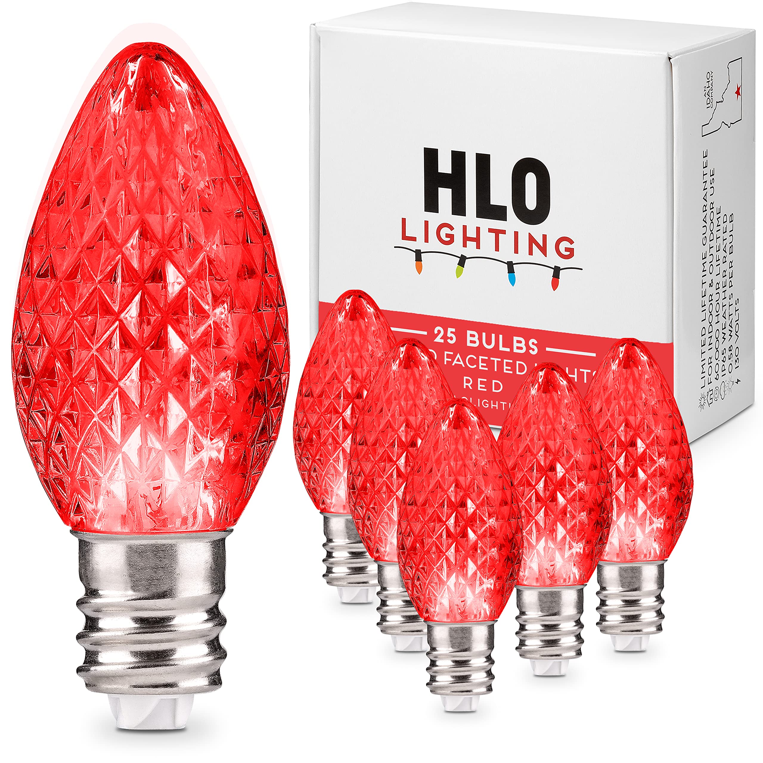 Holiday Lighting Outlet Faceted C7 Christmas Lights | Red Led Light Bulbs Holiday Decoration | Warm Christmas Decor For Indoor & Outdoor Use | 2 Smd Leds In Each Light Bulb | Set Of 25