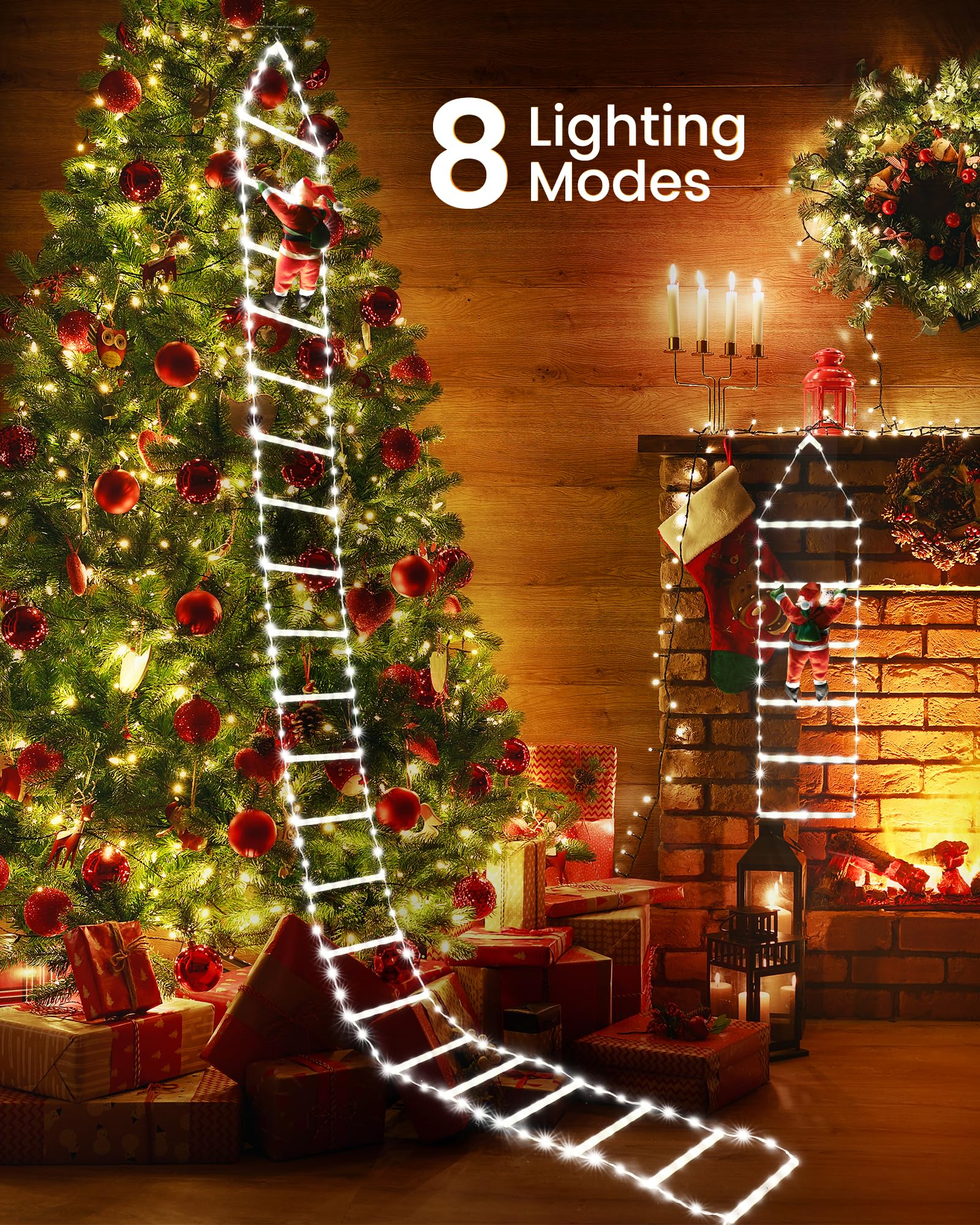 Toodour Led Christmas Light - 10Ft Christmas Decorative Ladder Lights With Santa Claus, Christmas Decorations Lights For Indoor Outdoor, Window, Garden, Home, Wall, Xmas Tree Decor - Cool White