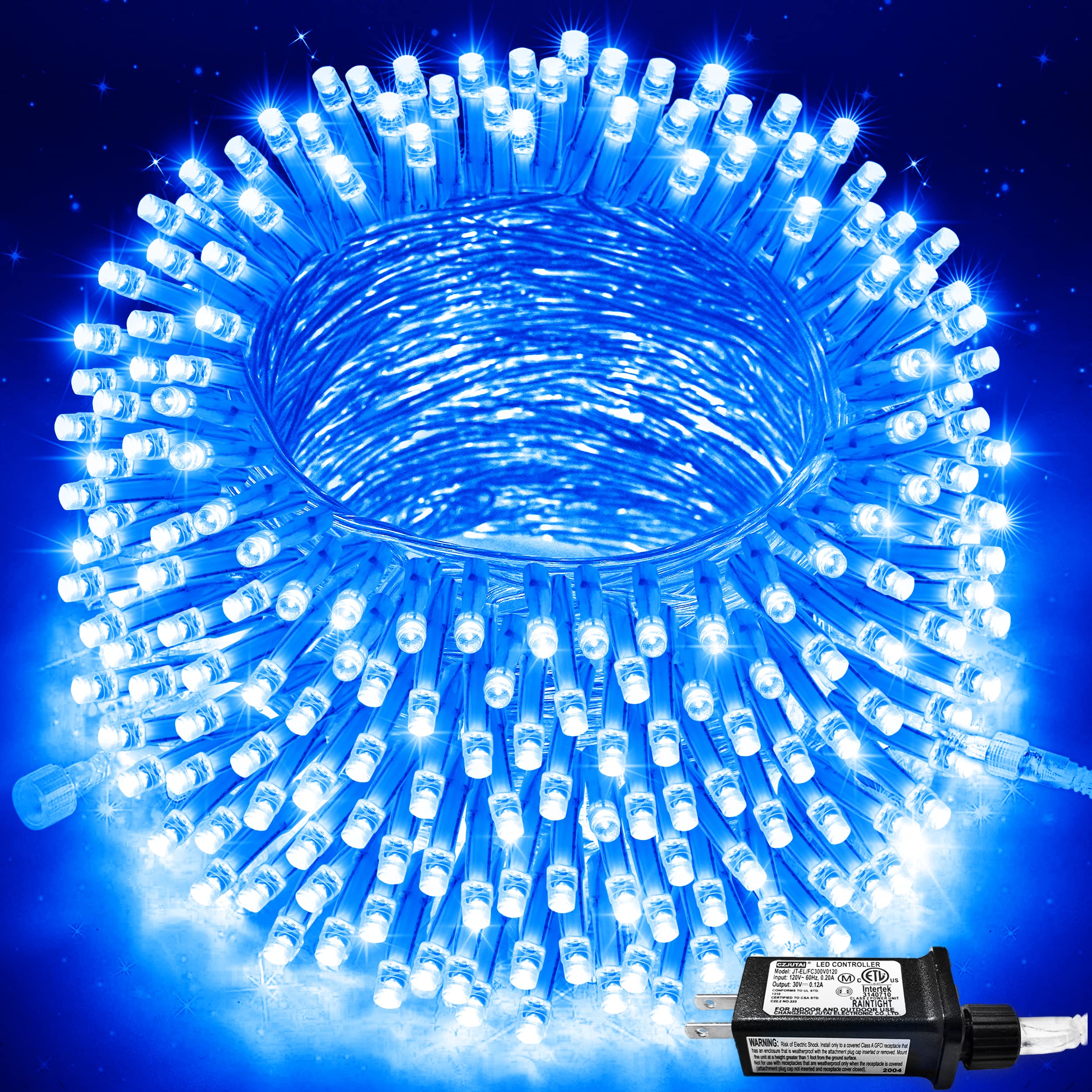 JMEXSUSS 250 LED String Lights, 91.5ft Blue Waterproof Christmas Lights, 8 Modes, Indoor/Outdoor, Model EXS-S-0250
