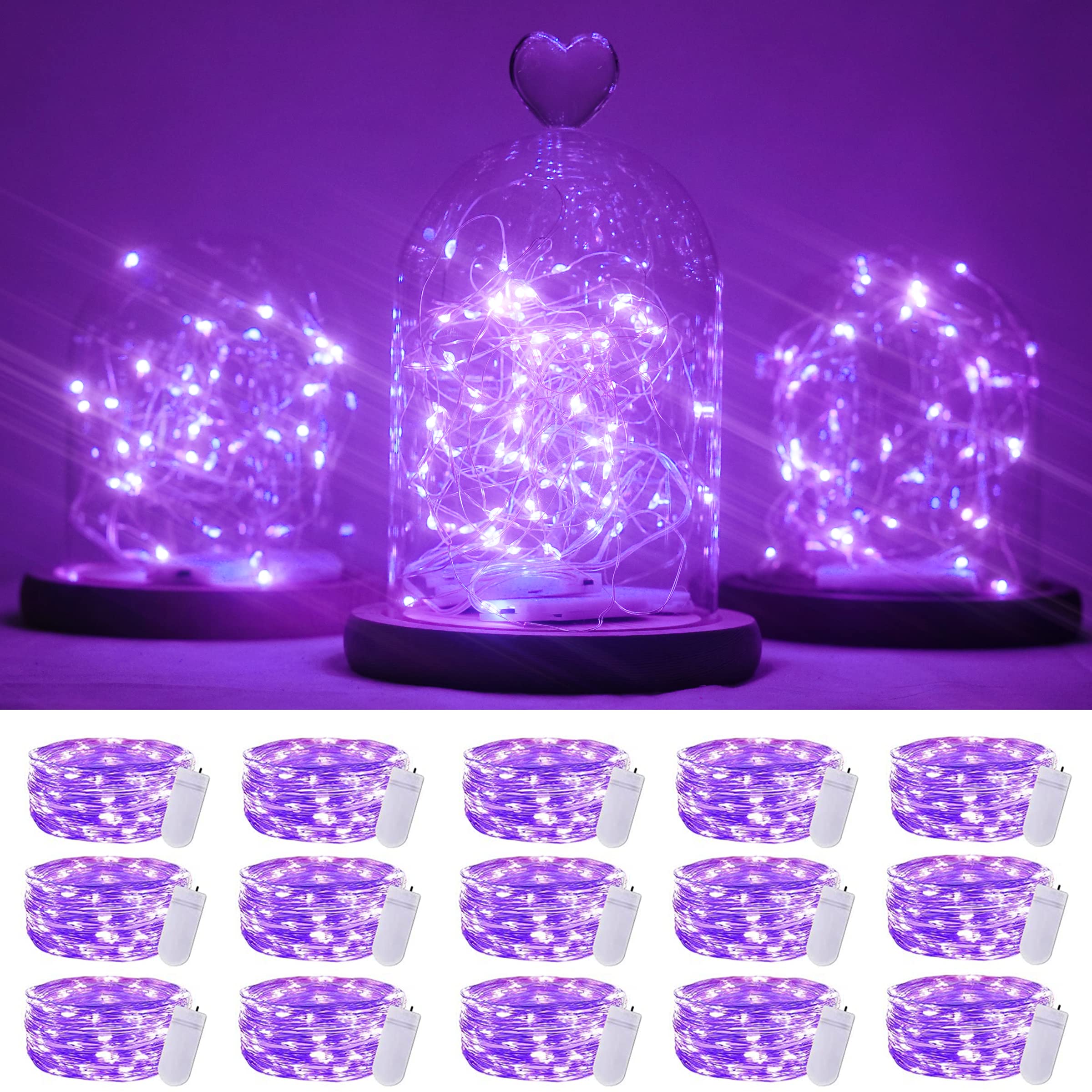 SmilingTown 20 LED Purple Fairy Lights Battery Operated 6.6ft Waterproof Copper String Lights for Wedding Party Decor