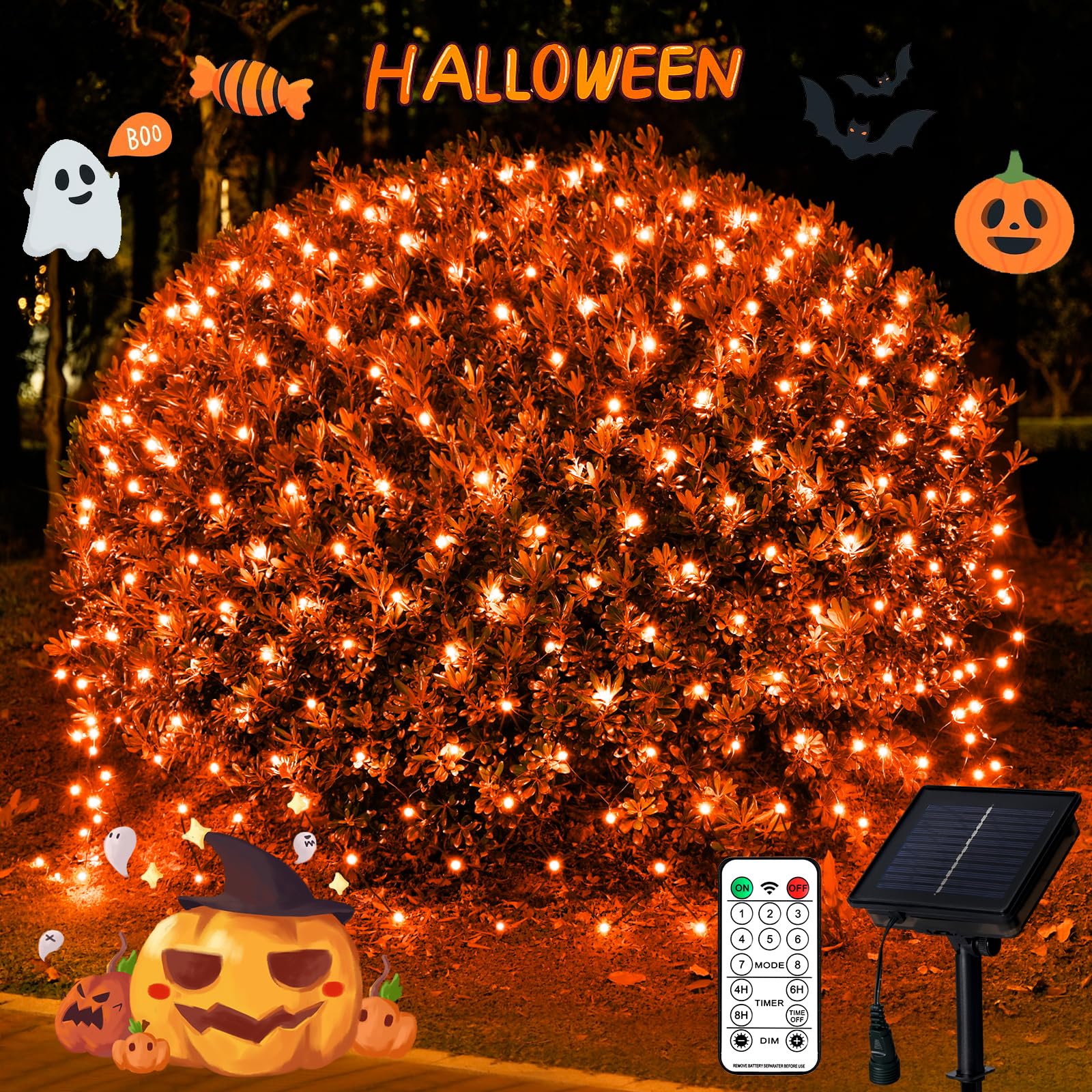JMEXSUSS Solar Halloween Lights, 320 LED Orange Net Lights, 9.8ft x 6.6ft, Waterproof, 8 Modes Remote for Outdoor Decorations