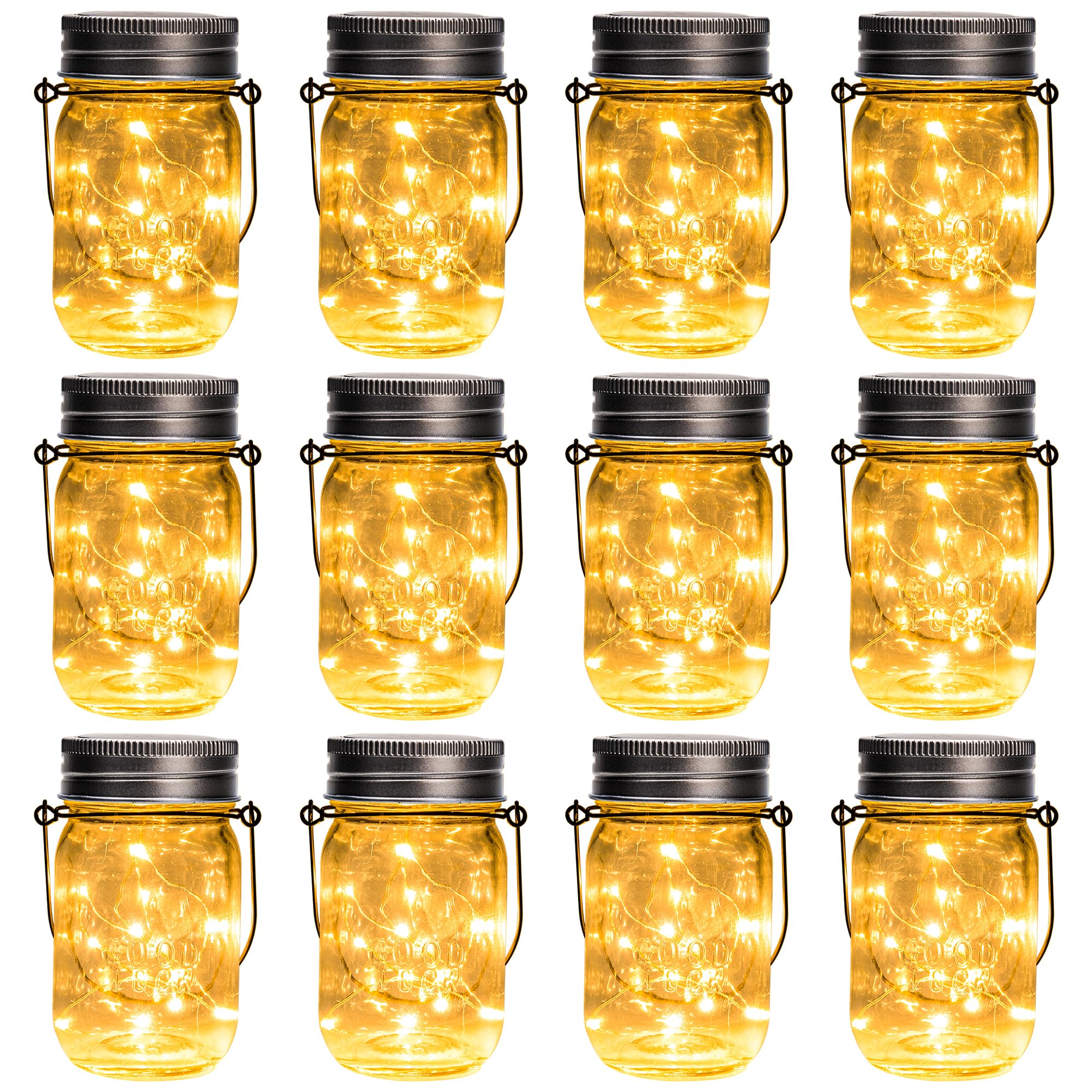 GIGALUMI Solar Mason Jar Lights, 12 Pack 30 Led String Fairy Lights Garden Lights Outdoor Waterproof Hanging Solar Lanterns for 