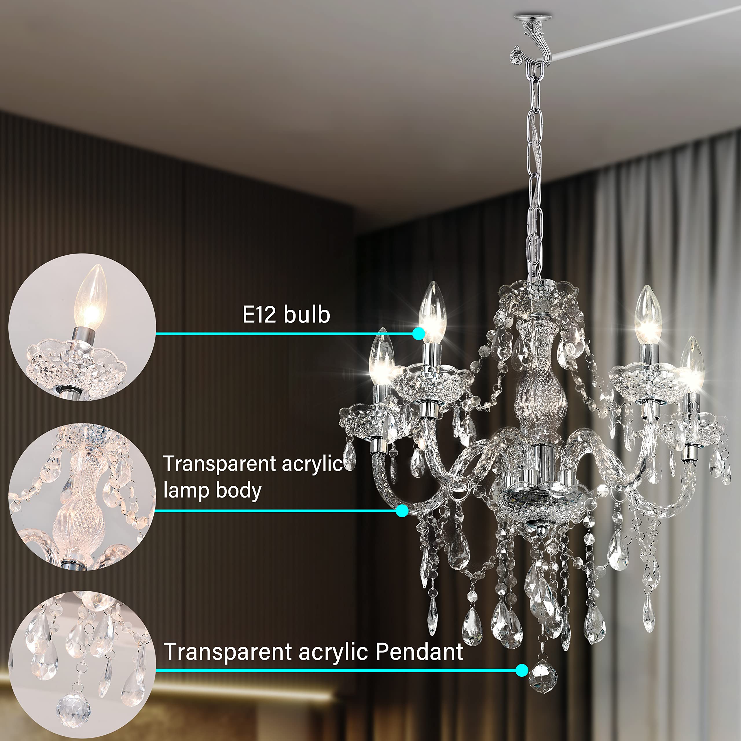 PAPAYA 5-Light Acrylic Chandelier with Clear Cord & On/Off Switch, H19 D19.7, Clear-L-5, Ideal for Kitchen Island & Dining Areas