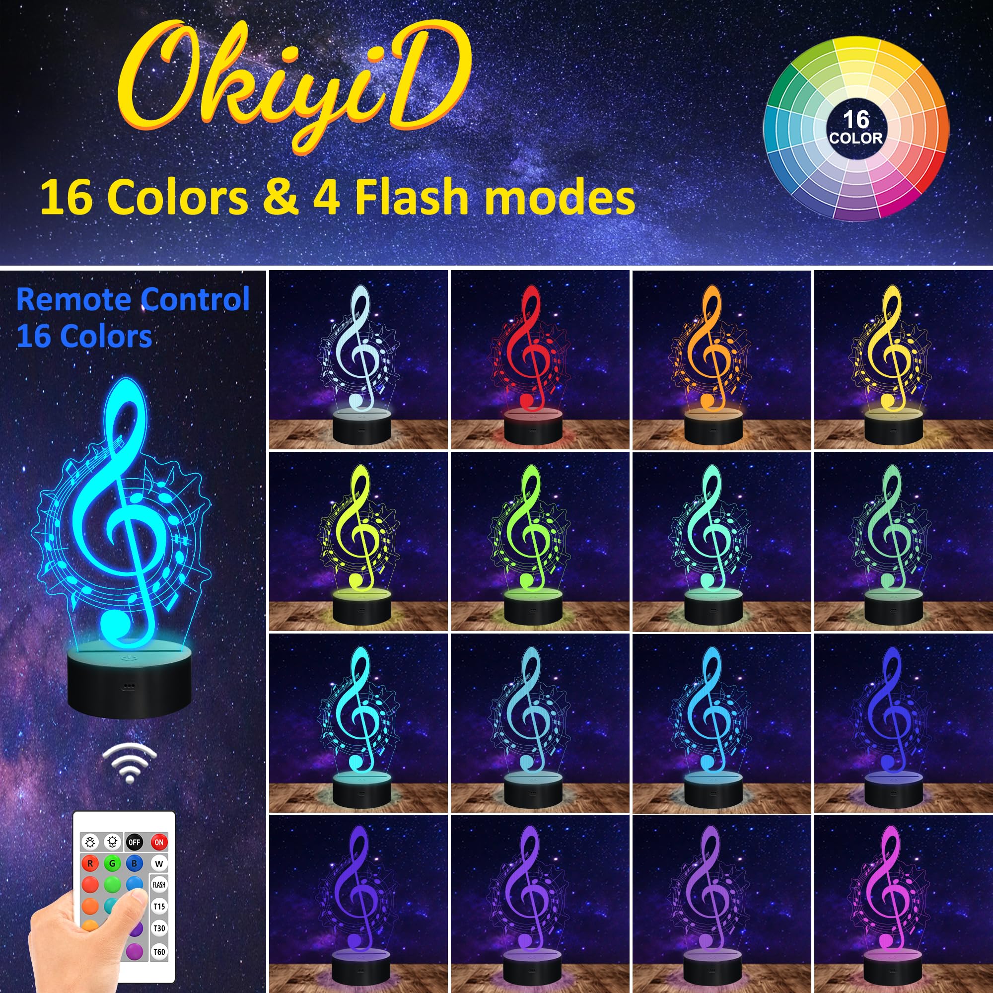 OkiyiD 3D Music Note Lamp with Remote, 16 Colors, Acrylic, Model FS-2810-9999, Ideal Gift for Girls Room Decor