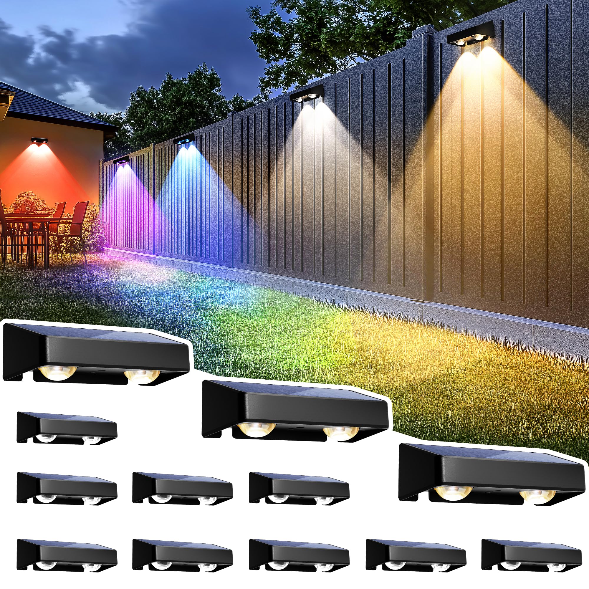 SOLPEX Solar Fence Lights - 12 Pack, Color Changing & Fixed Colors, Waterproof IP65, Black, Model 9364 for Outdoor Use