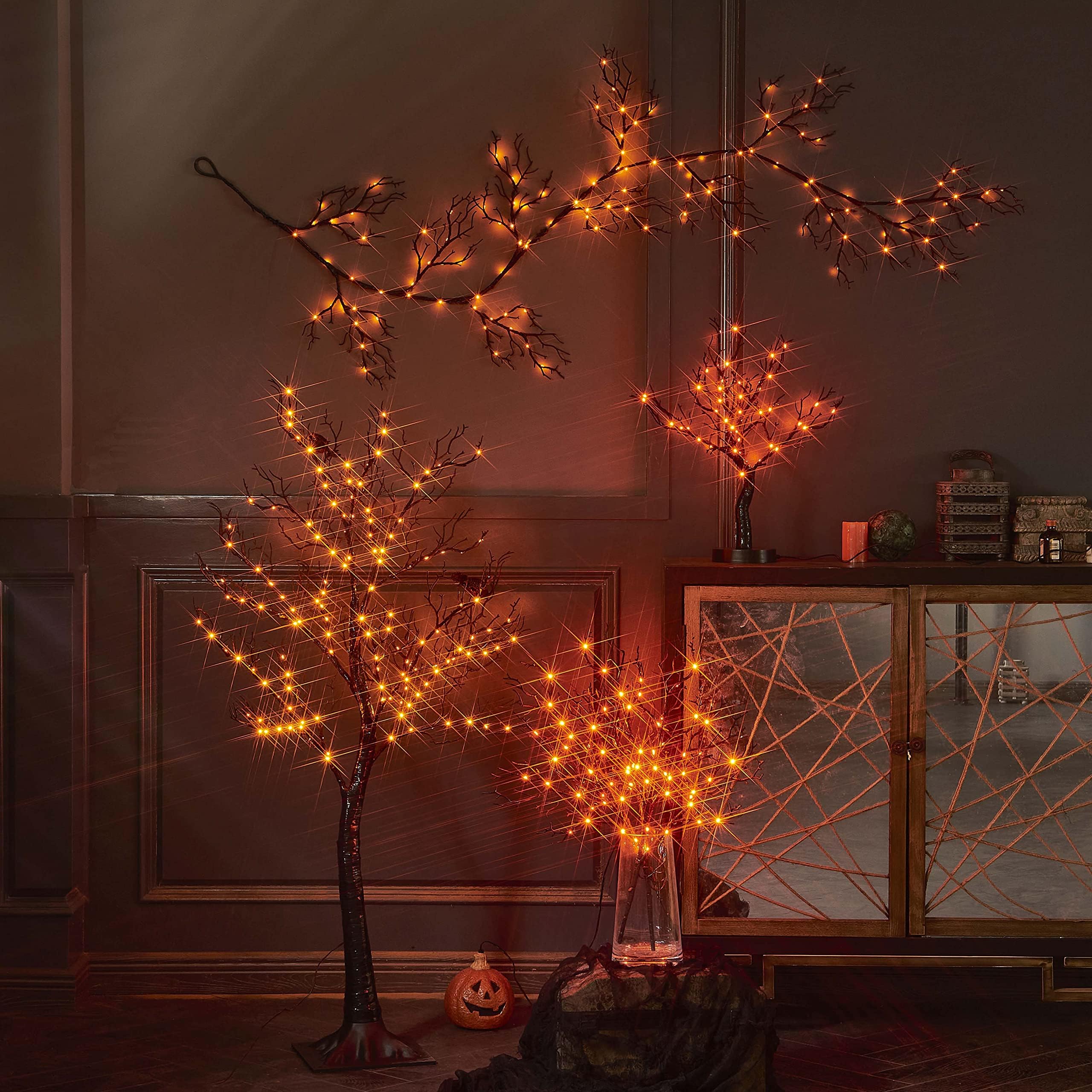 Birchlitland 4ft Halloween Tree with 150 Orange Fairy Lights - Glittered Black Decoration for Indoor/Outdoor Halloween Party