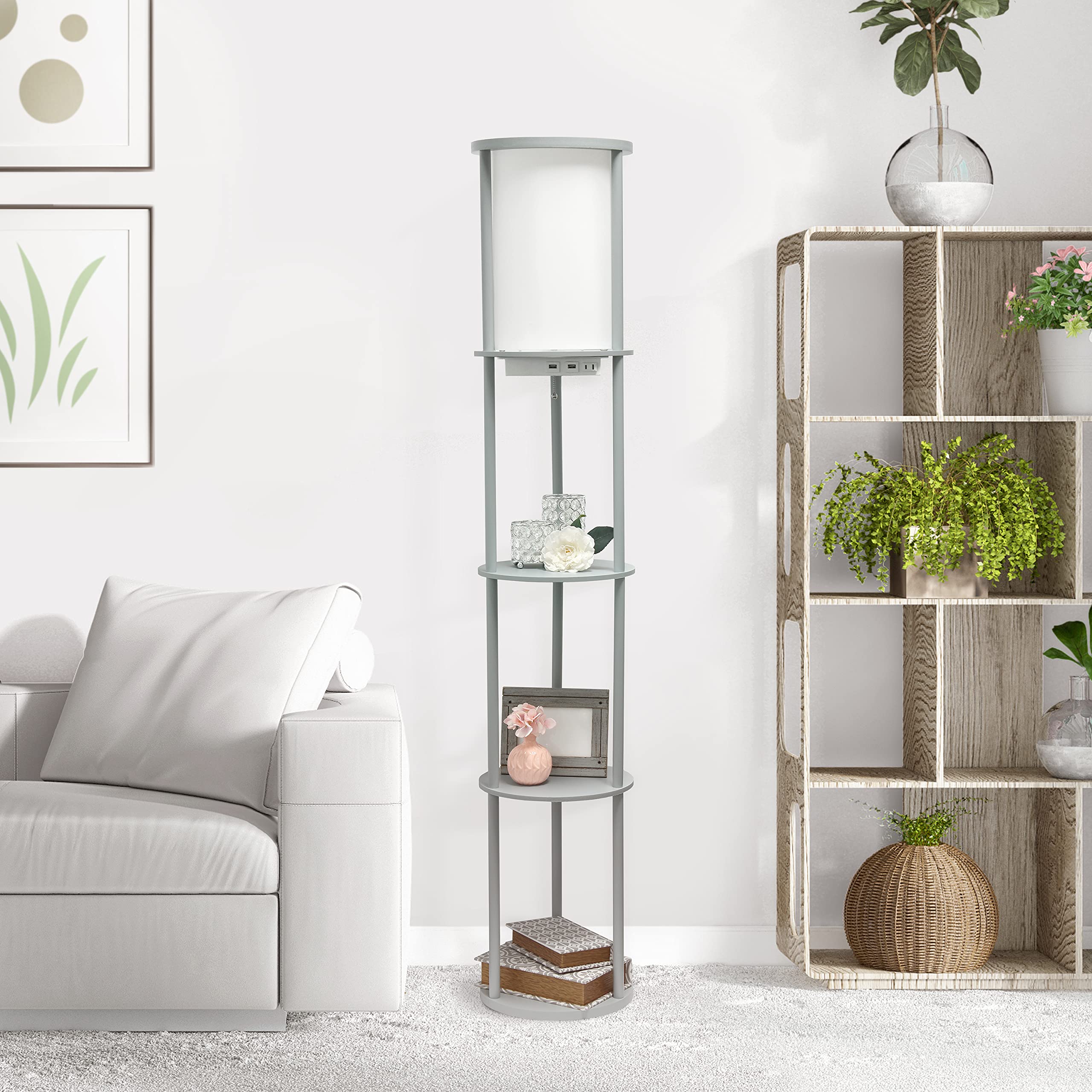 Simple Designs LF2010-GRY 62.5in Round Floor Lamp with USB Ports, Gray