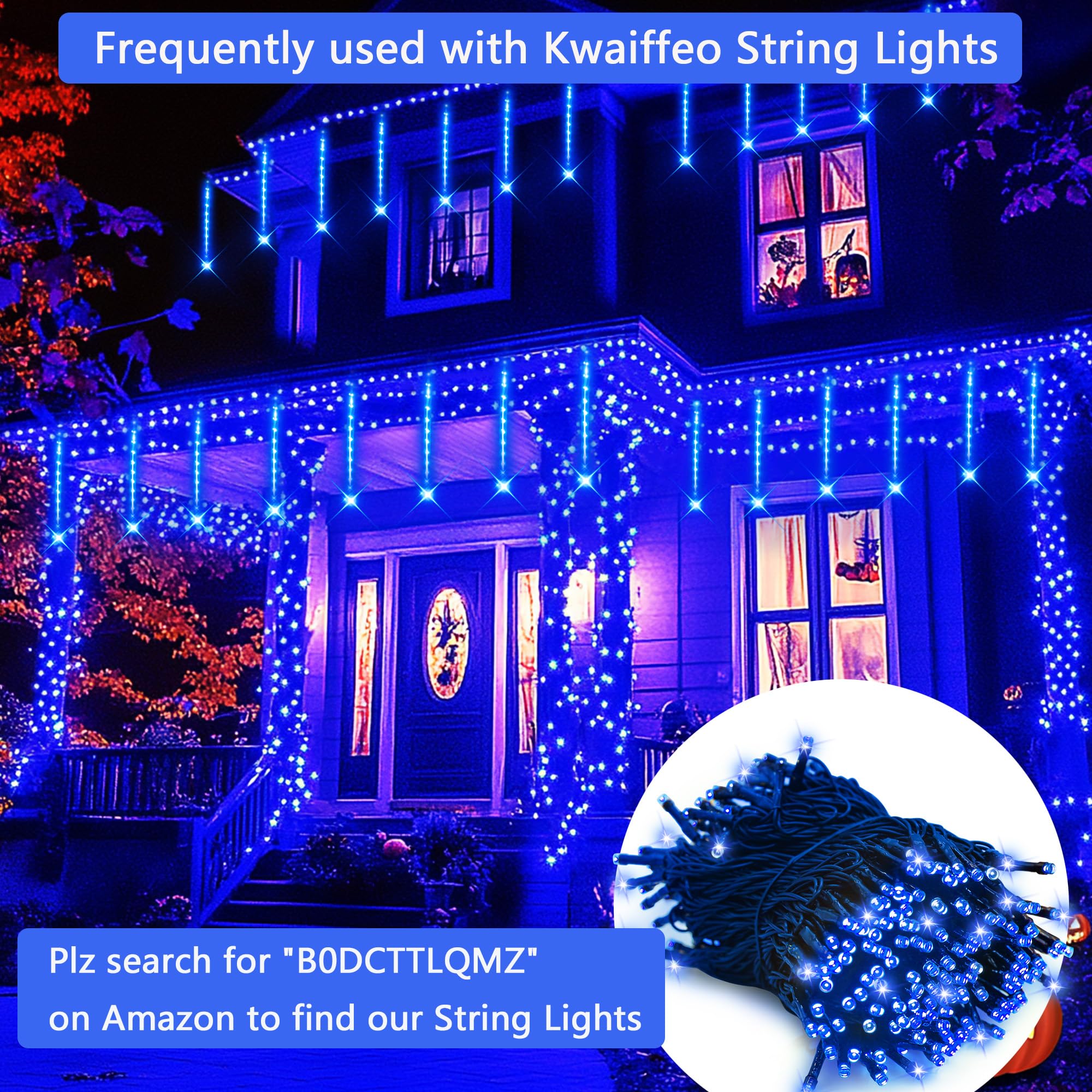 Kwaiffeo Blue Icicle Christmas Lights Outdoor  16 Tubes(Equivalent To 2 Sets Of 8-Tubes) Led Meteor Shower Lights For Xmas Halloween Decor Yard Lawn  Outdoor Lighted Christmas-Themed Ornaments