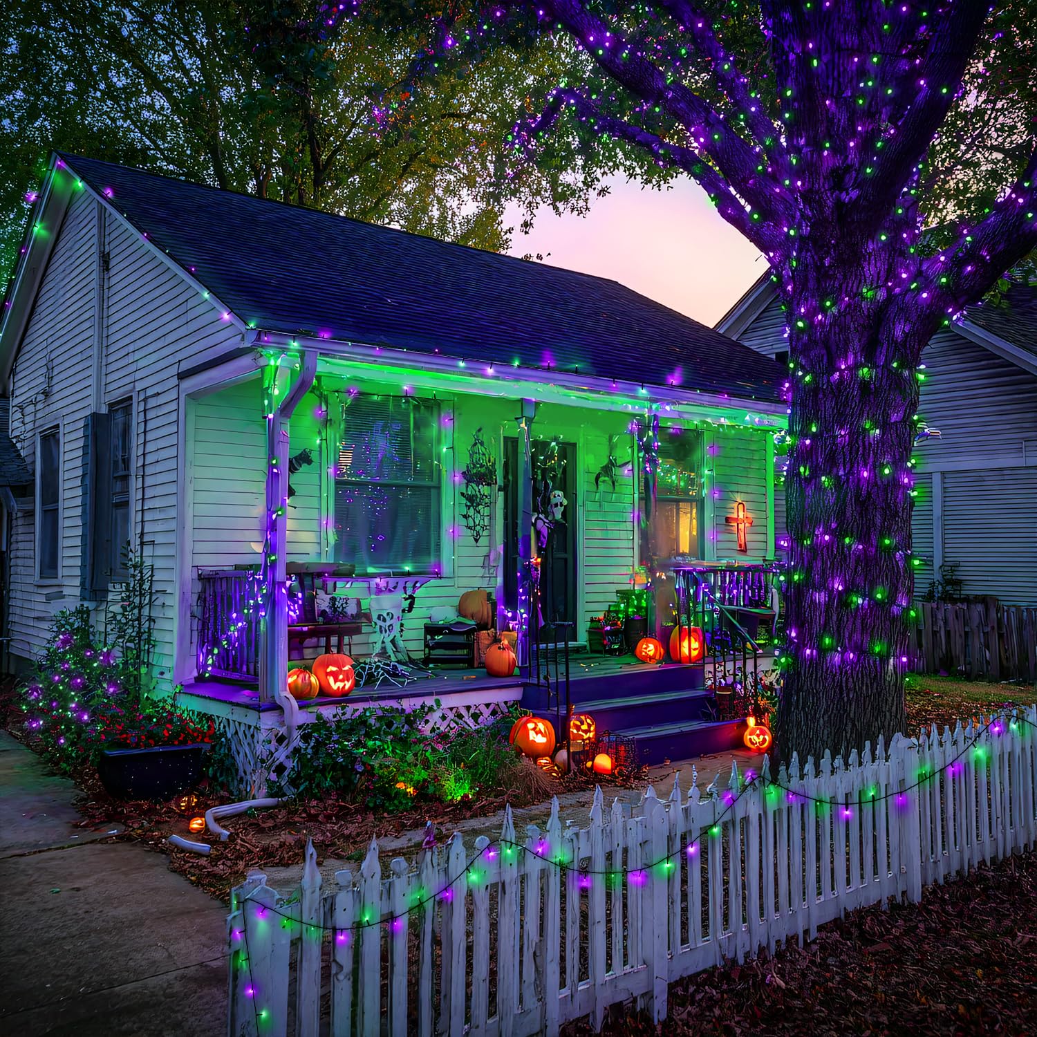 JMEXSUSS Solar Halloween Lights, 400 LED 151FT, Purple and Green, 8 Modes, Waterproof String Lights for Outdoor Decorations