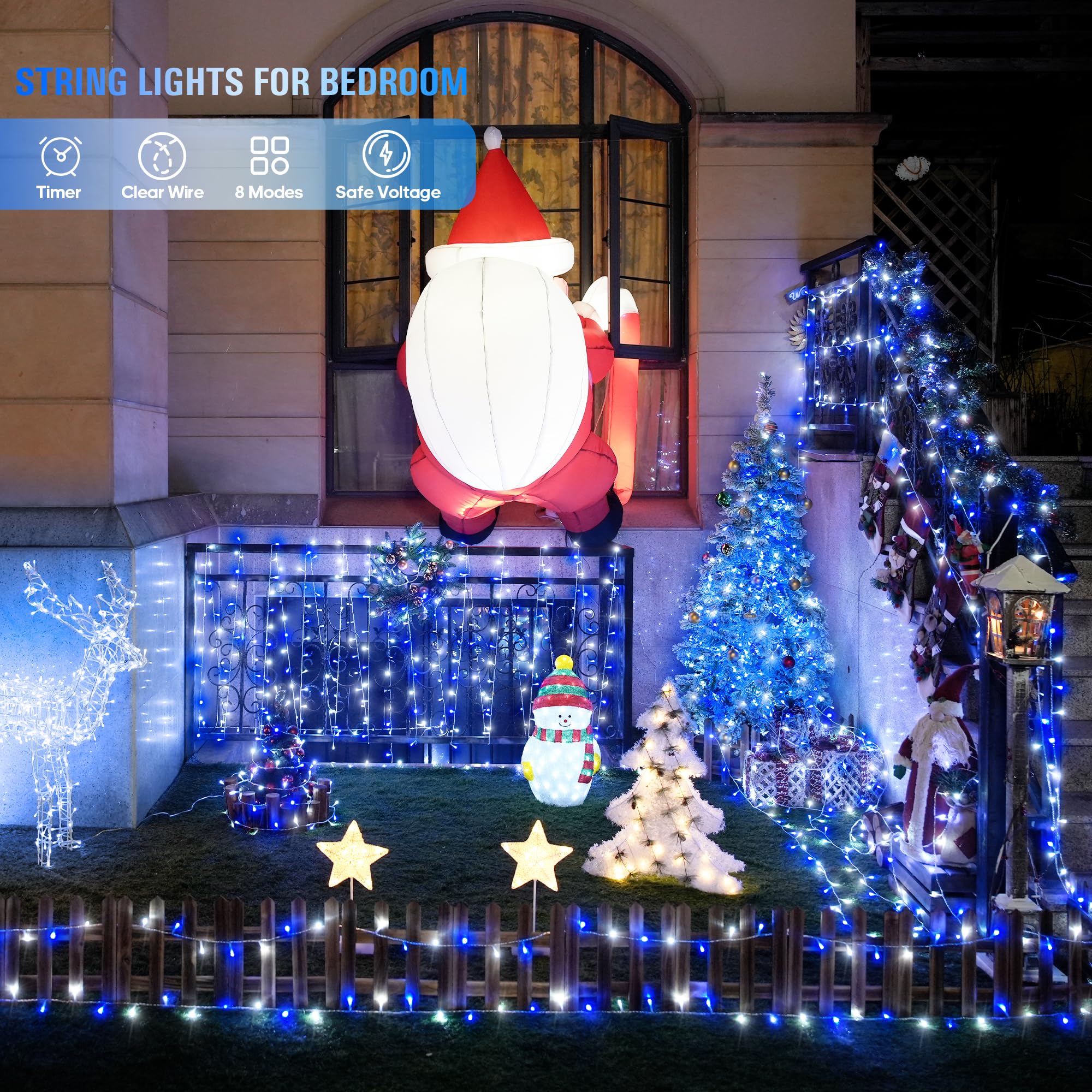 Jmexsuss 2 Pack 100 Led Blue And White Christmas Lights, 33Ft 8 Modes Christmas String Lights Indoor Outdoor, Clear Wire Plug In Christmas Tree Lights For Christmas Xmas Bedroom Party Decorations