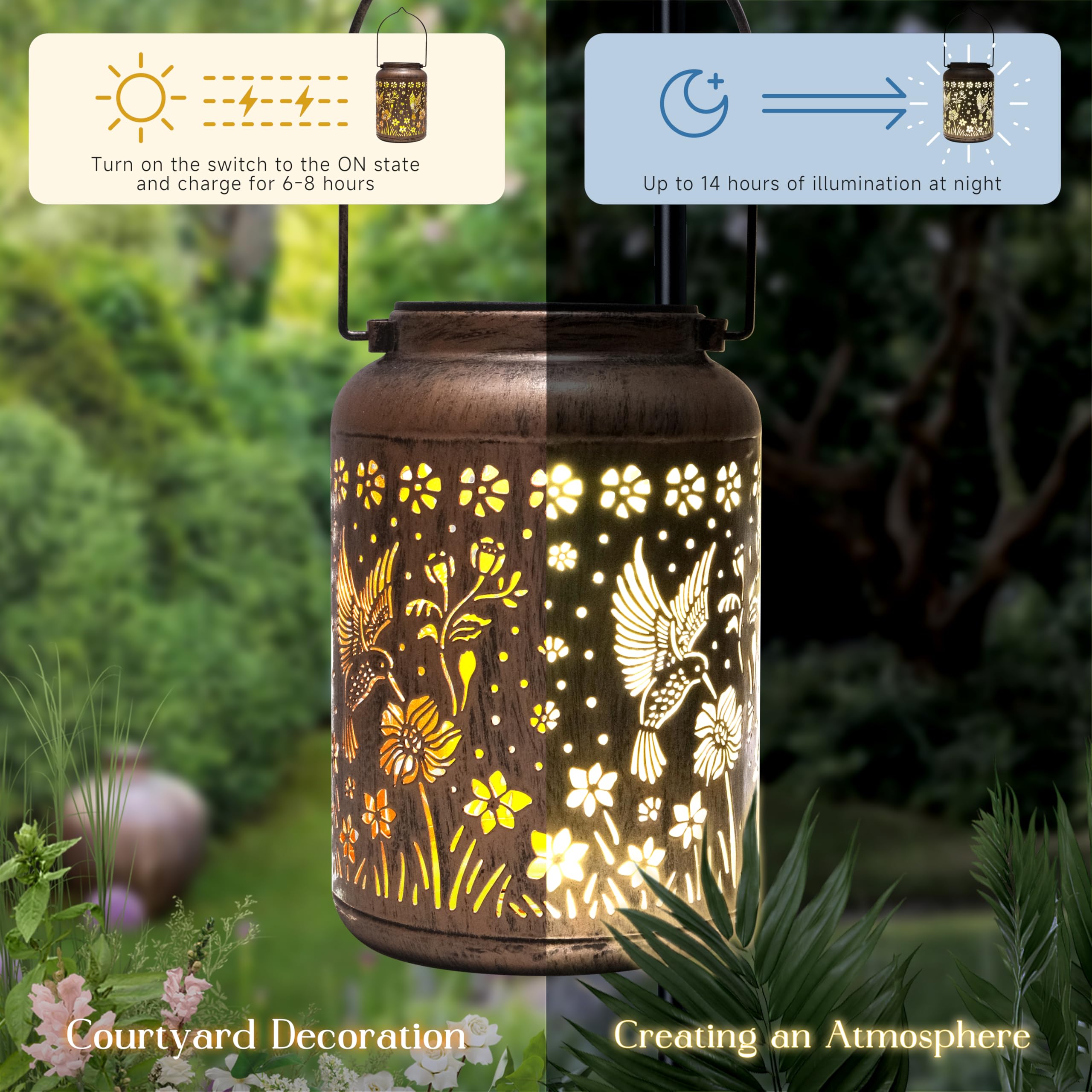 Hummingbird Solar Lantern Outdoor Hanging Solar Light - Ip65 Waterproof Led Decorative Lantern For Patio  Pathway  Or Tabletop. Perfect Mothers Day Gift For Women  Unique Metal Decor
