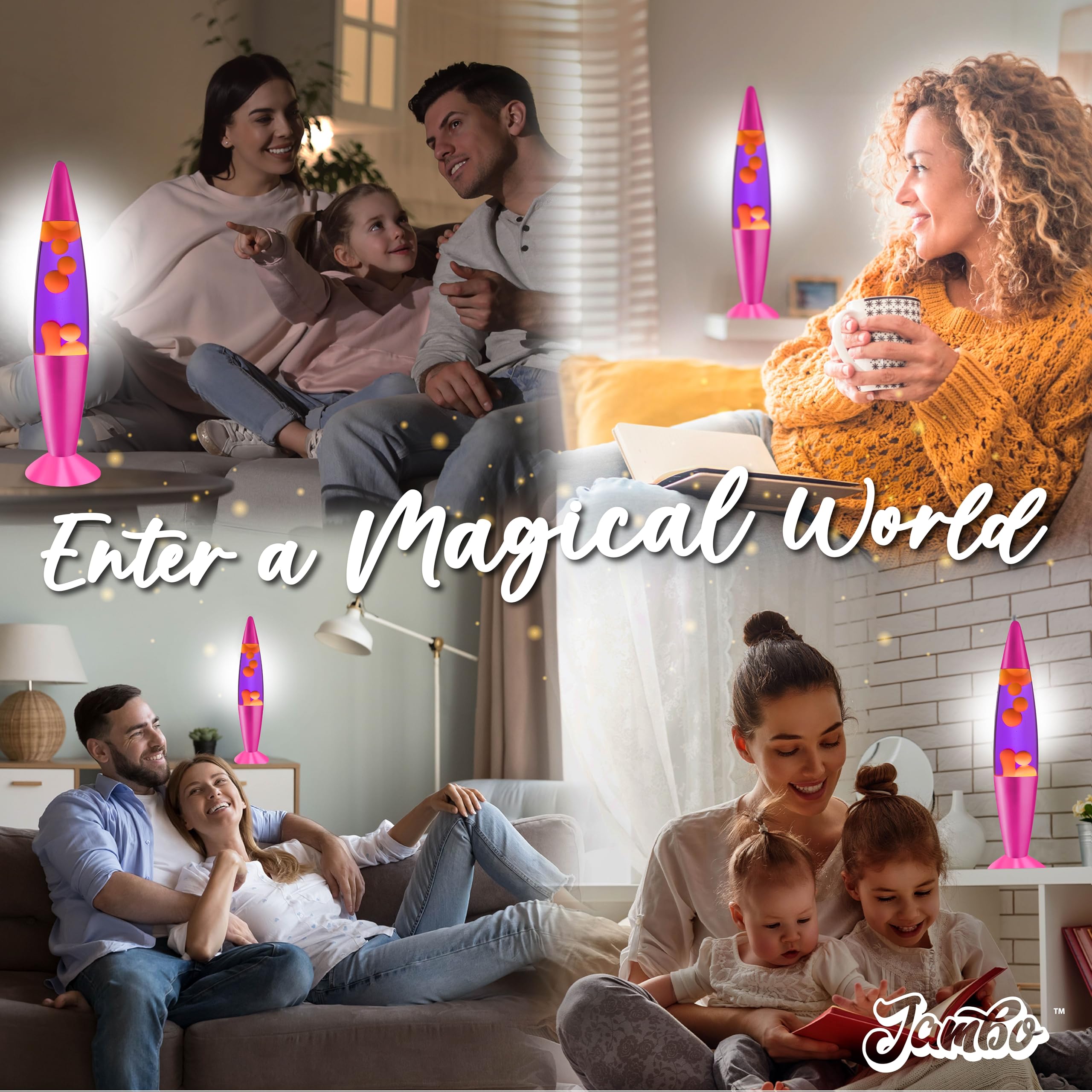 Jambo 16-Inch Liquid Lamp, Glass, Pink Base, Purple Liquid, Yellow Wax, Model KL-17, Relaxing Night Light for Kids & Adults
