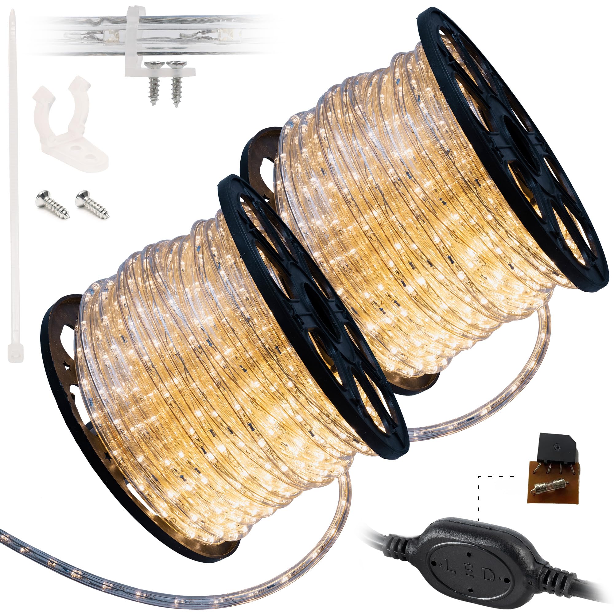 Wyzworks 3312Leds, 300Ft Led Warm White Rope Light, Connectable Outdoor Permanent Waterproof Accent Exterior Lighting, Flexible Clear Pvc, Etl Certified, Holiday, Backyard Patio, Home, Décor