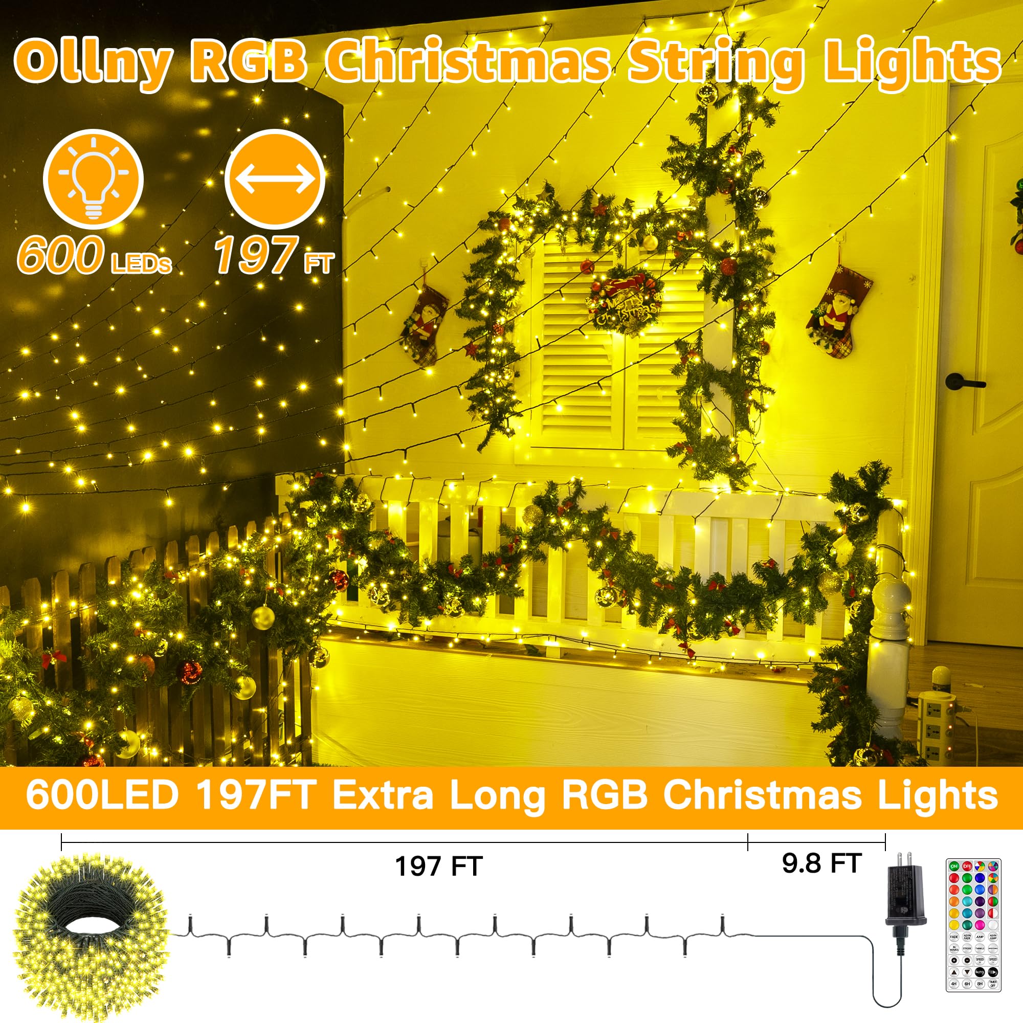 Ollny Rgb Christmas Lights 600 Leds 197 Ft  130 Modes Color Changing Christmas Tree Lights With Remote  Timer & Waterproof  Outdoor Christmas String Lights For Year-Round House Decorations