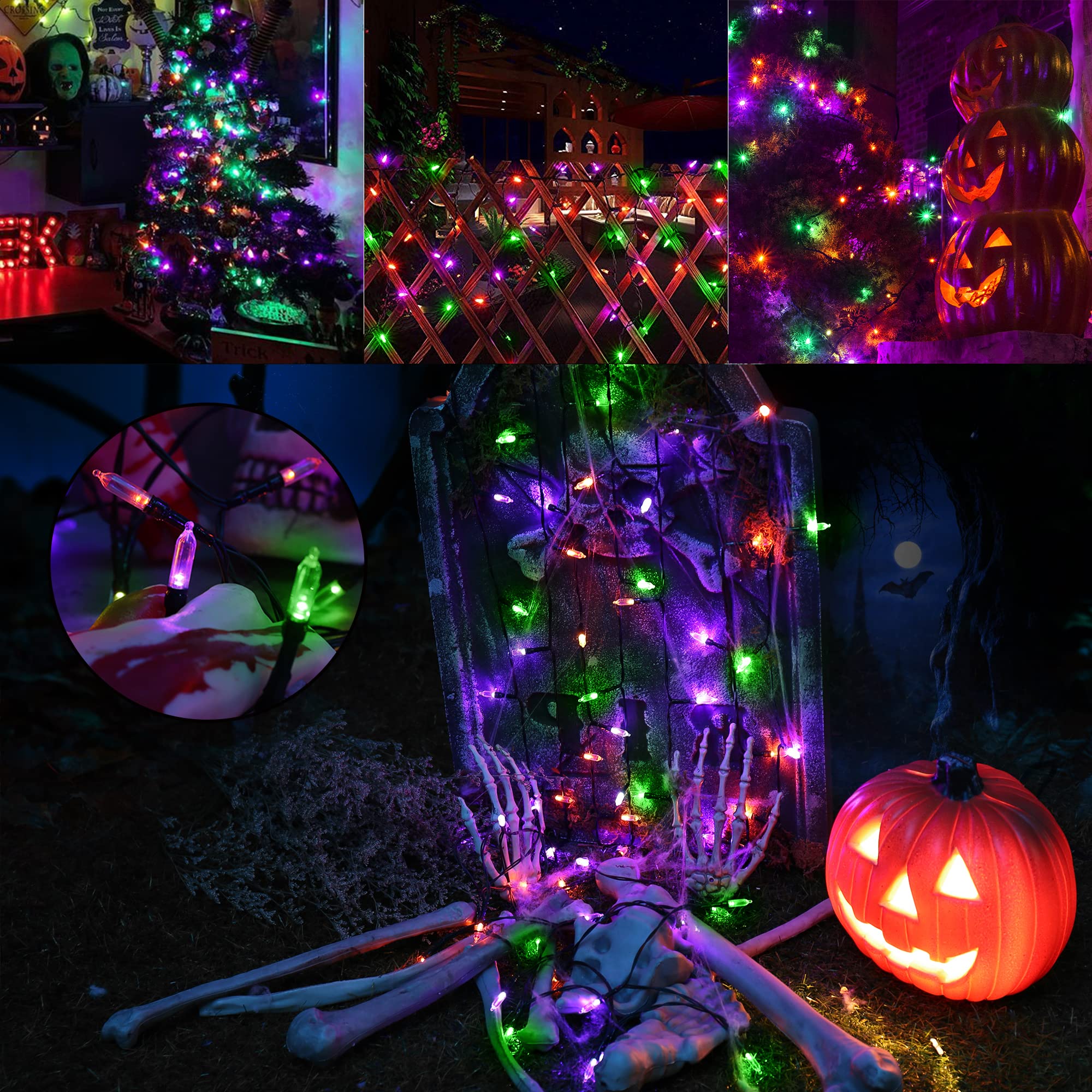 LYHOPE Halloween Lights, 33ft 100 LED, Waterproof, 8 Modes, Battery Operated, 2 Pack, Orange Purple Green, Model JJMAHBLOPG6_2