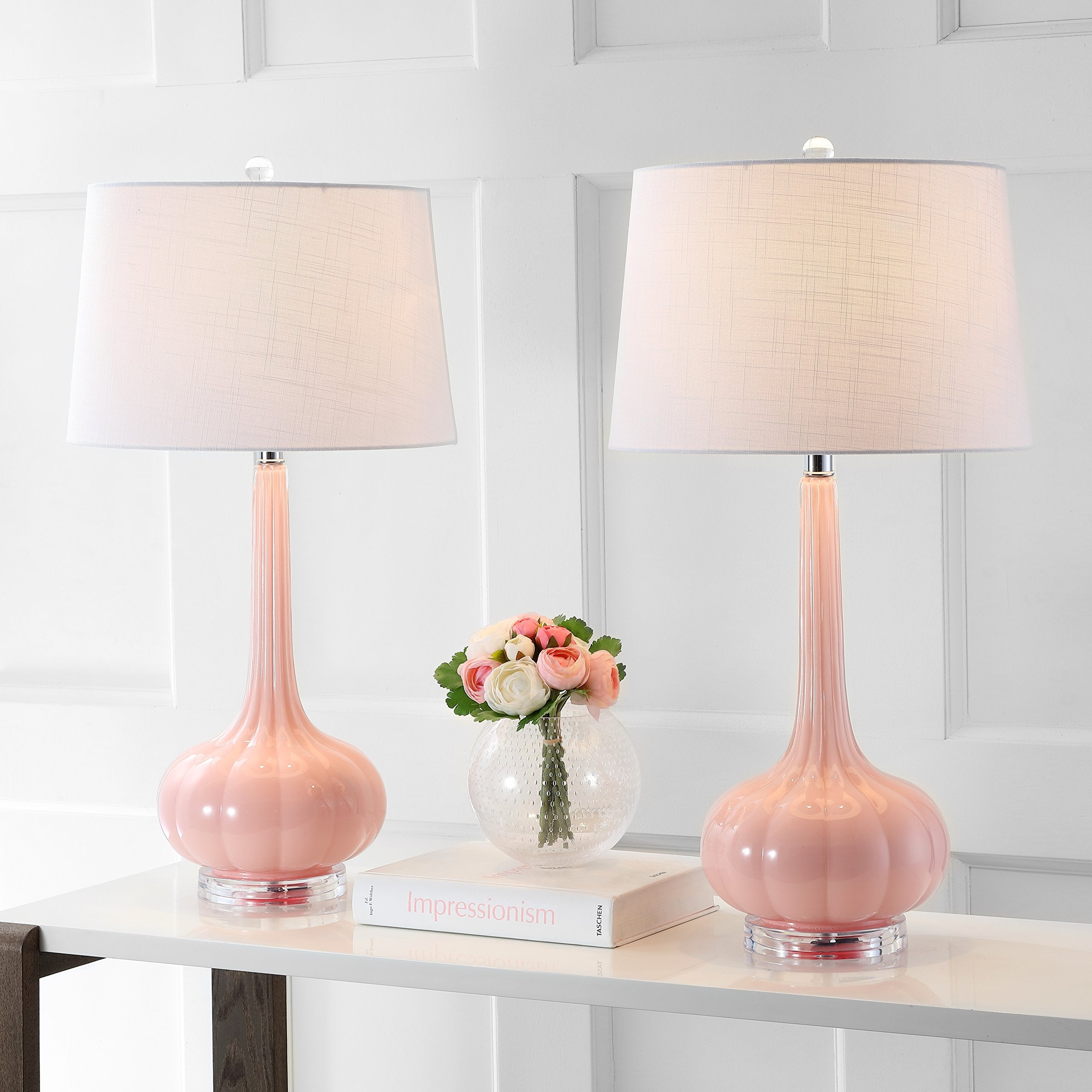 JONATHAN Y Bette Set of 2 Table Lamps, 28.5" Glass Teardrop LED, Pink, Model JYL1079A-SET2, Contemporary Bedside Desk