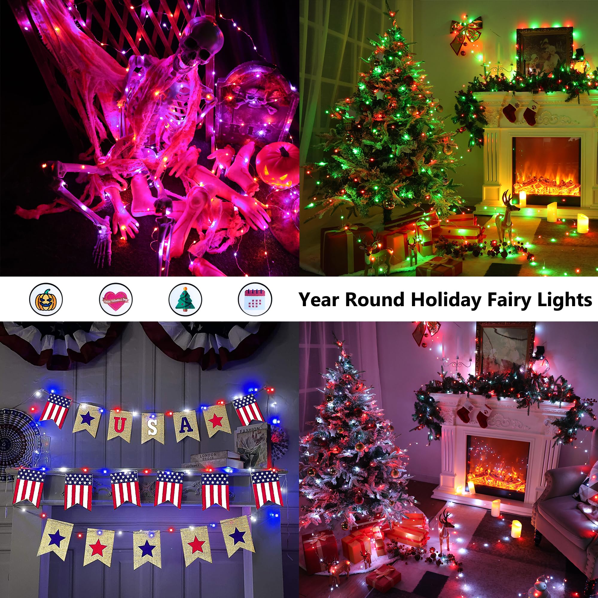 BrizLabs Color Changing Fairy Lights, 66ft, 200 LED, Copper, Model JT-DC050V2000-D, USB+Adapter, Indoor Xmas Halloween Decor